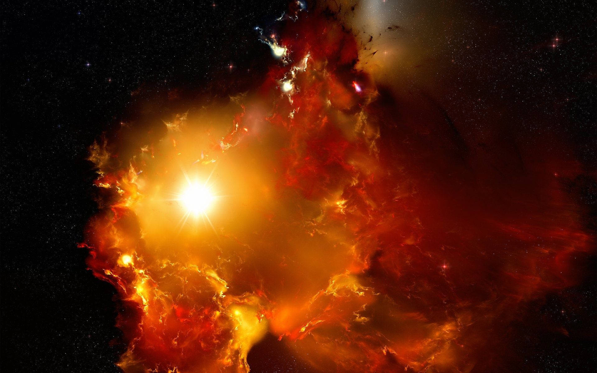high 桌布 壁紙 — 一顆明亮的星星點燃了熾熱的星雲，由紅、橙、黃色氣體組成，背景是佈滿星星的黑色虛空。