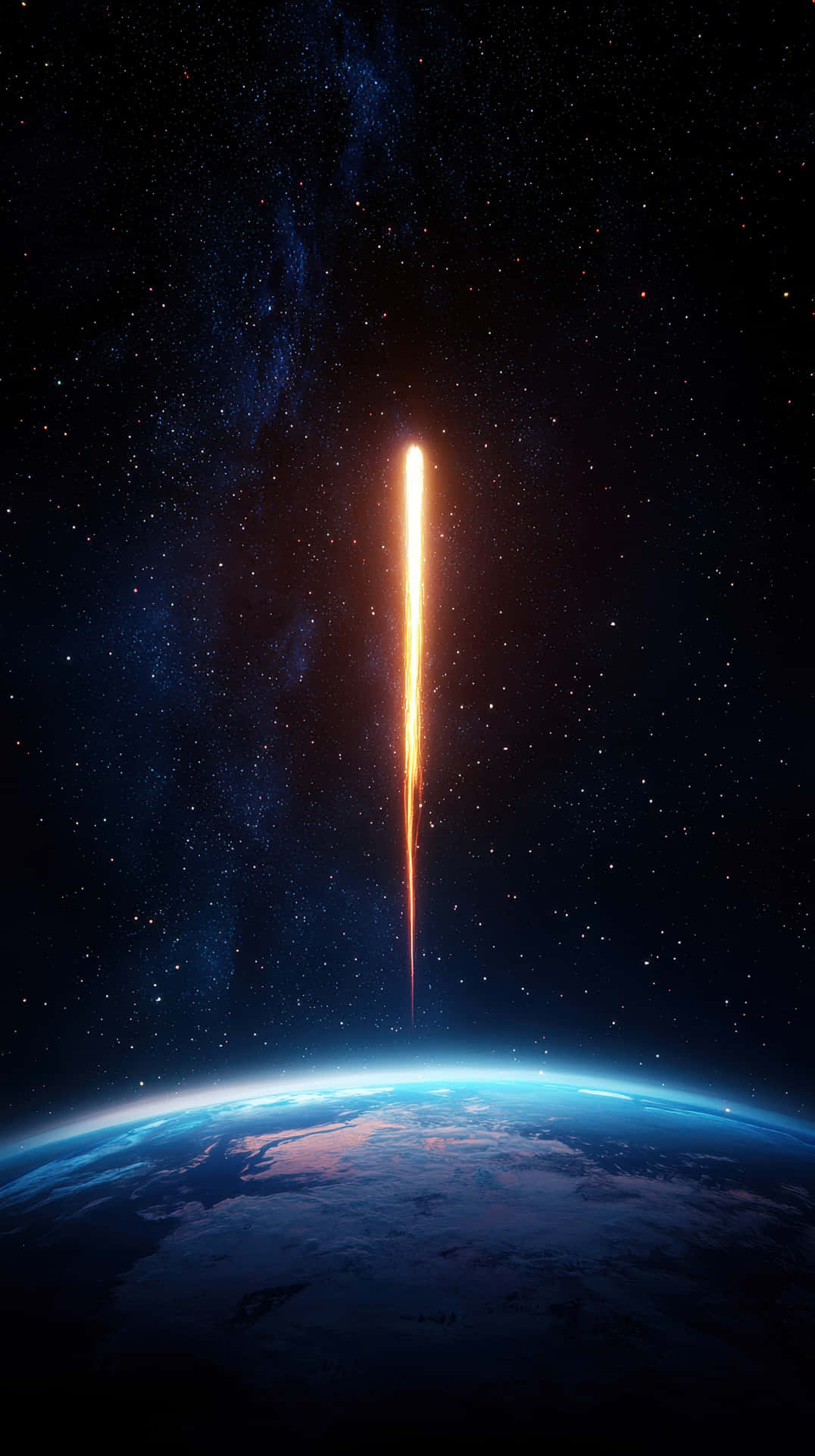 Fiery Meteor Entering Earth’s Atmosphere with a Glowing Streak Against a Starry Sky 壁紙 — 一顆明亮的橙色流星垂直劃過地球發光藍色彎曲地平線之上的星空。