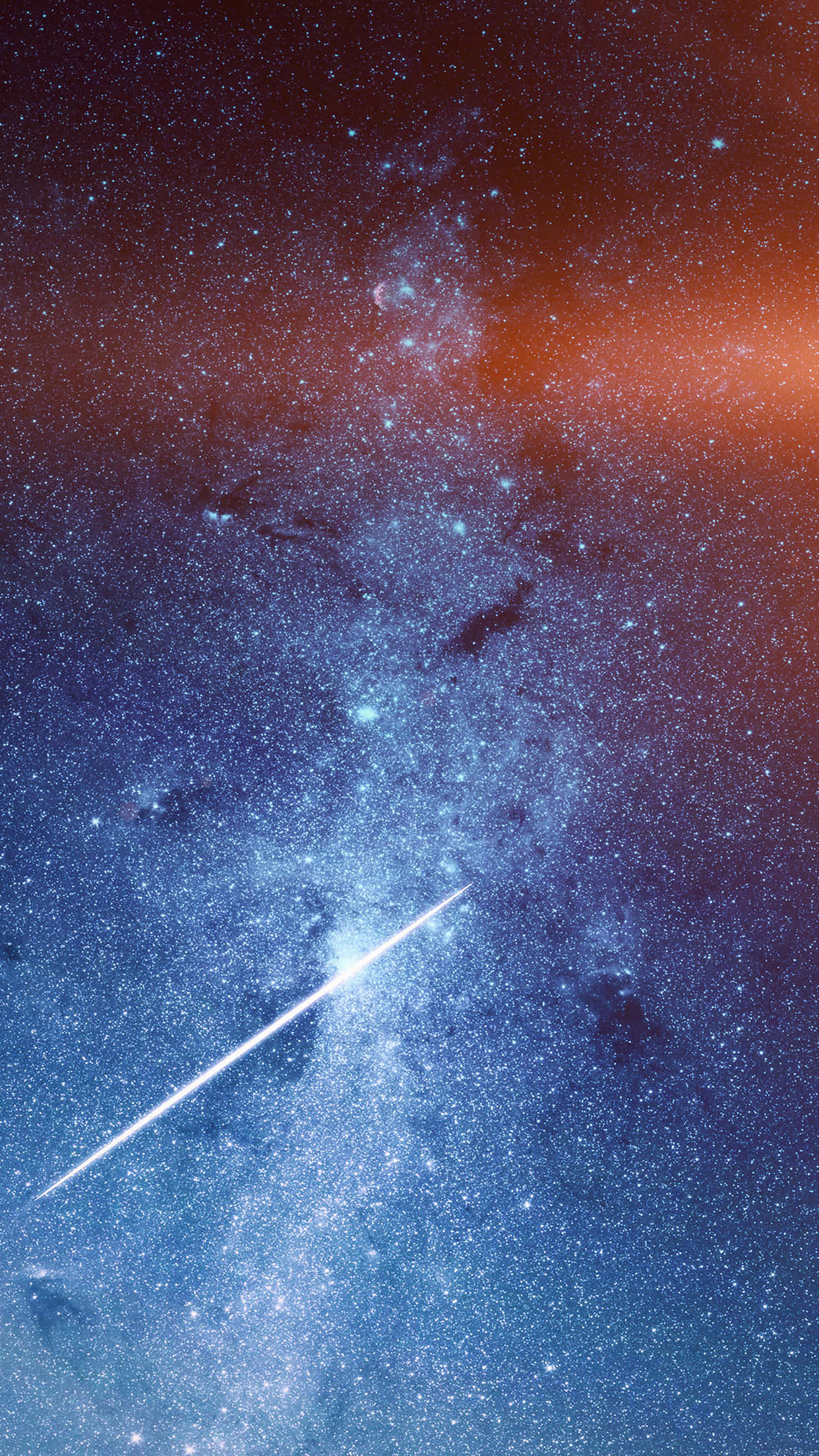 桌布 壁紙 — 一顆明亮的流星斜斜劃過充滿星星、星雲和發光宇宙塵埃的 vibrant 宇宙天空，呈現深藍和火橙色調。