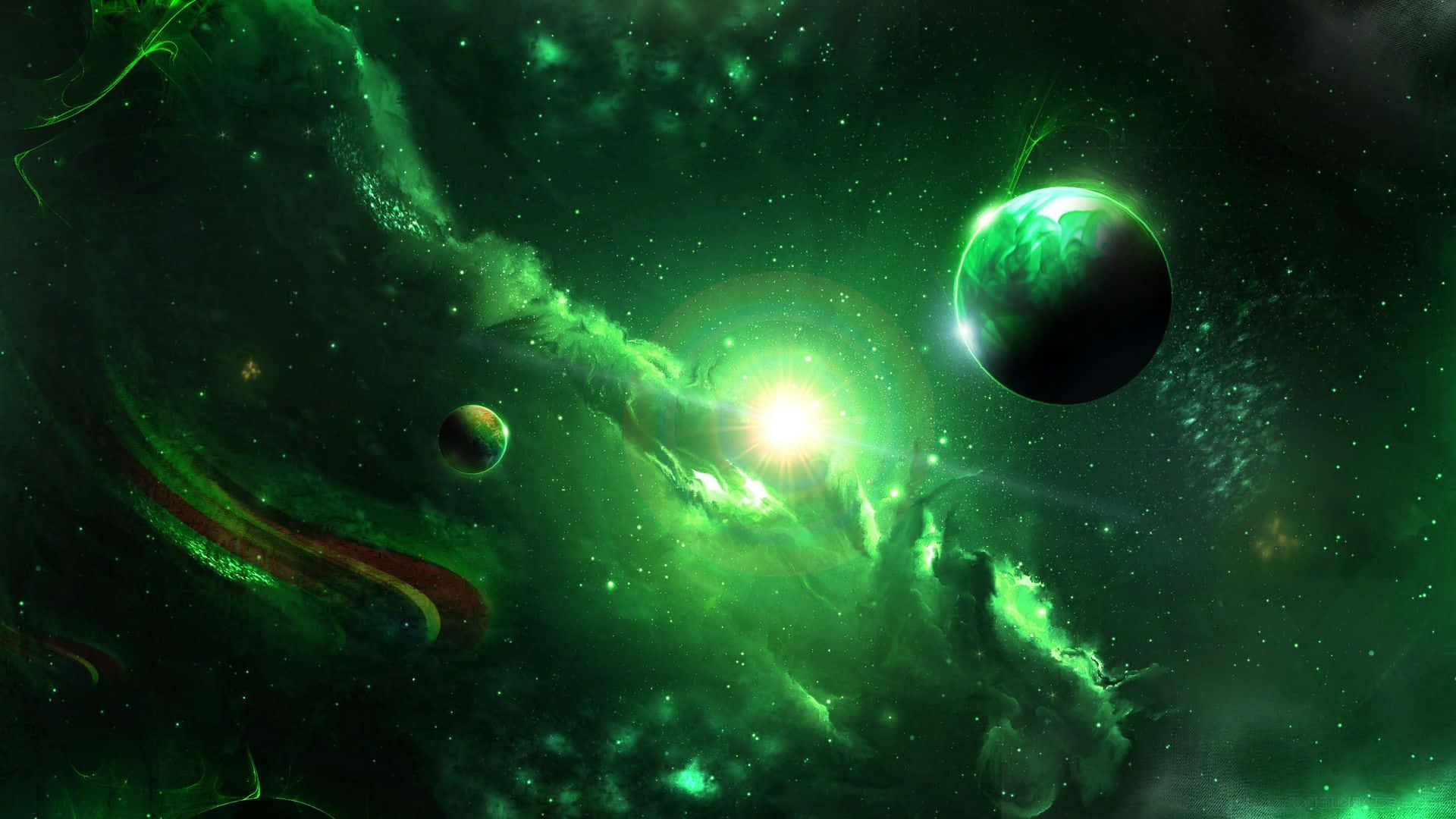 Green Galaxy 桌布 壁紙 — 一顆明亮的綠色星雲圍繞著一顆明亮的恆星旋轉，兩顆行星在宇宙場景中運行。