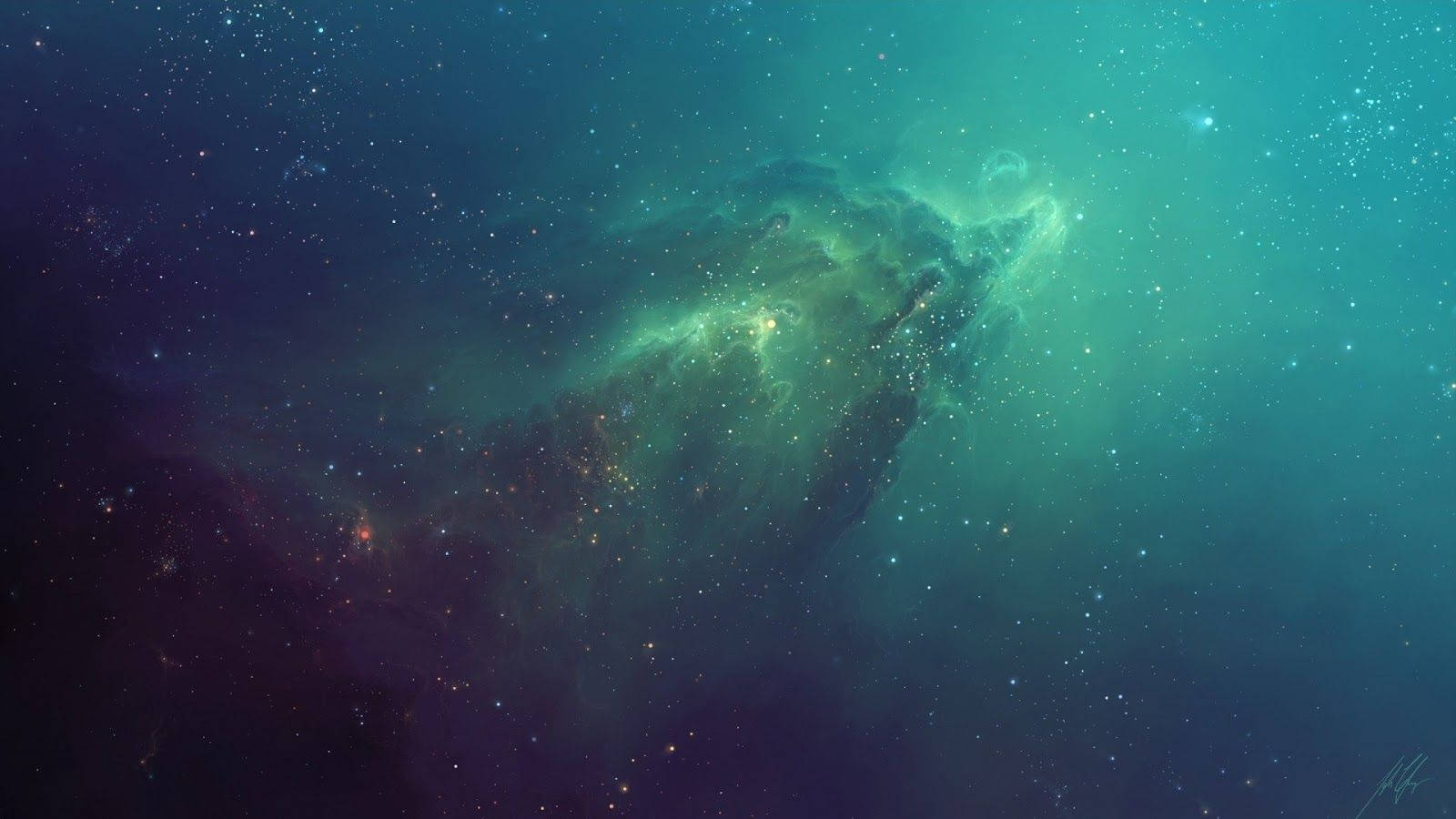 Mac 桌布 壁紙 — 一顆明亮的綠色星雲在星場中旋轉，帶有深藍綠色和紫色的宇宙塵埃。