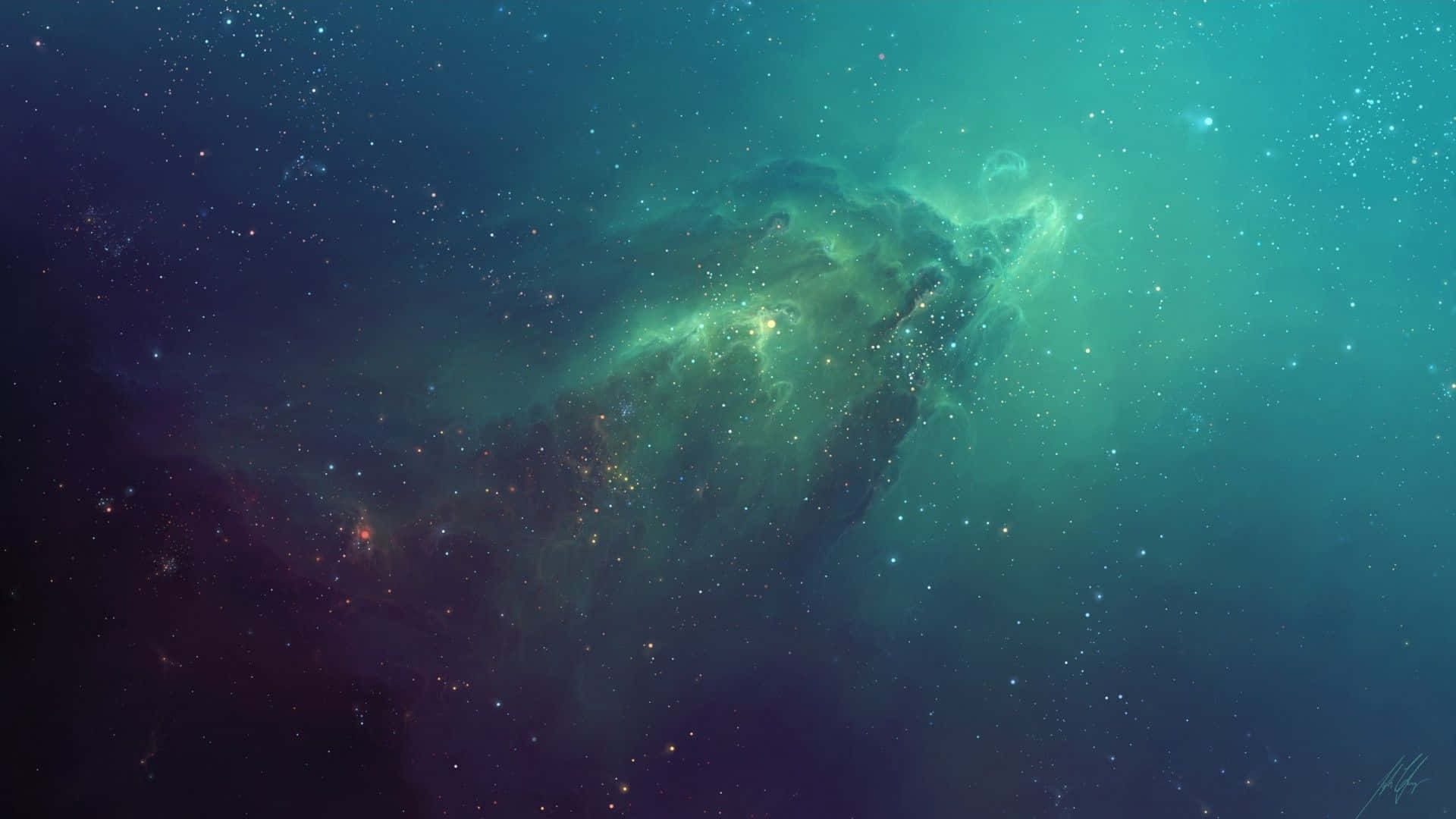 桌布 壁紙 — 一顆明亮的綠色星雲在星場中旋轉，帶有深青色和紫色的宇宙塵埃。