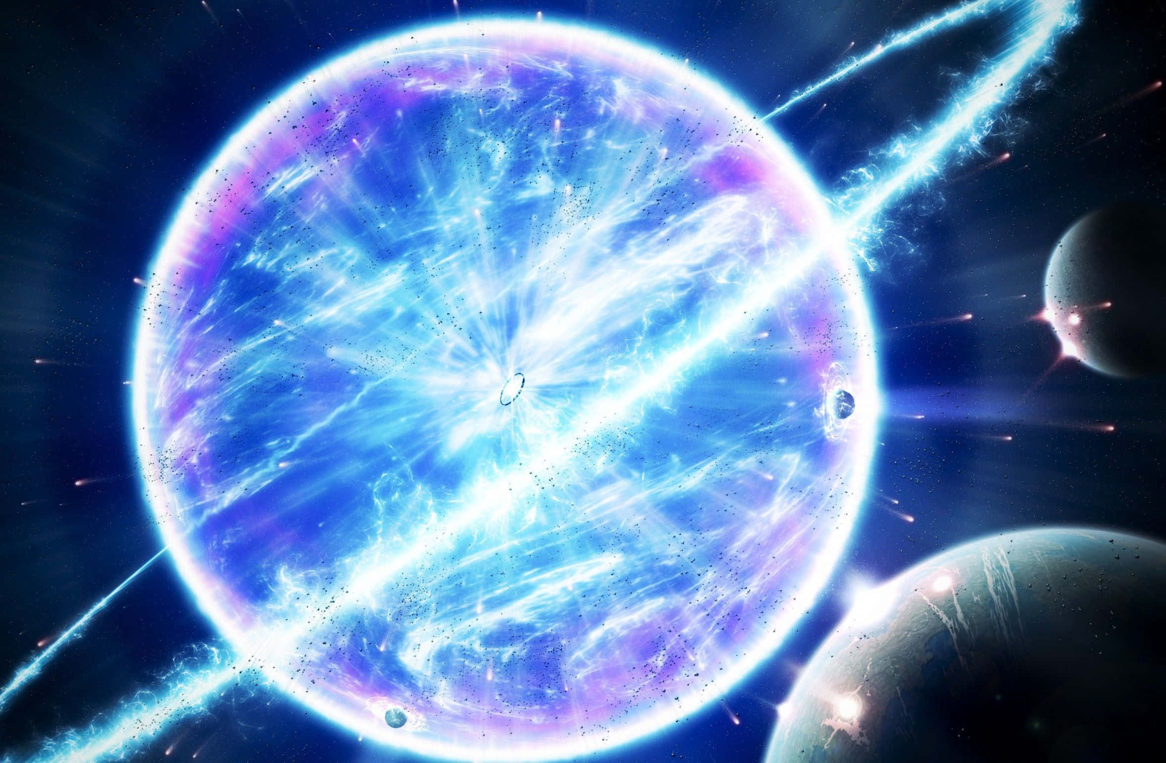 Supernova Explosion 桌布 壁紙 — 一顆明亮的藍色和紫色星雲在充滿恆星的虛空中爆炸，釋放出宇宙能量，周圍有行星環繞。