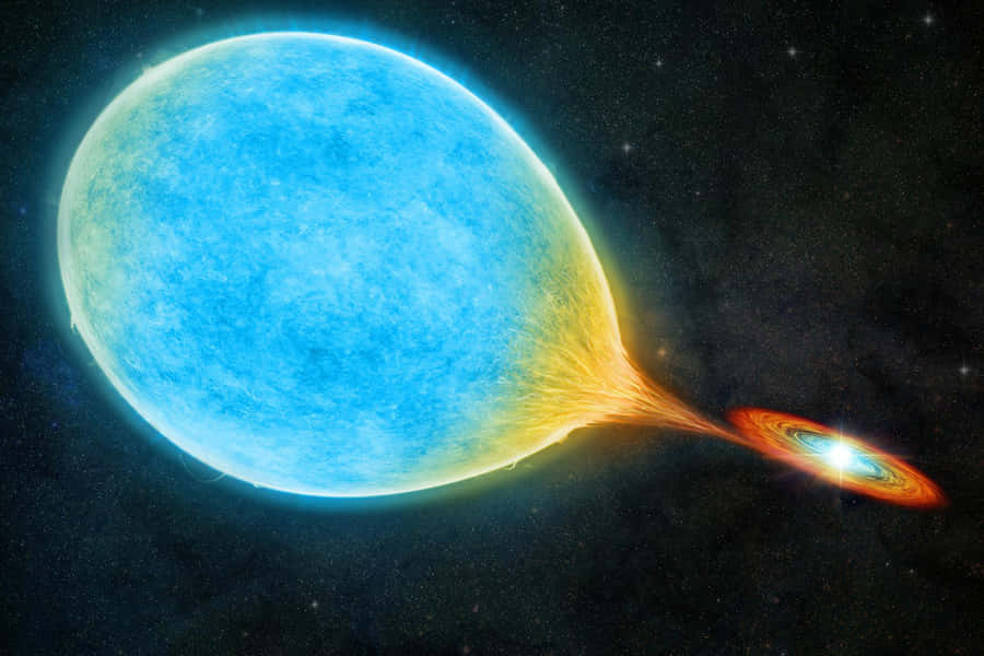 astronomy 桌布 壁紙 — 一顆明亮的藍色恆星將熾熱的橙色物質噴射到太空中，在中央明亮物體周圍形成發光的吸積盤。
