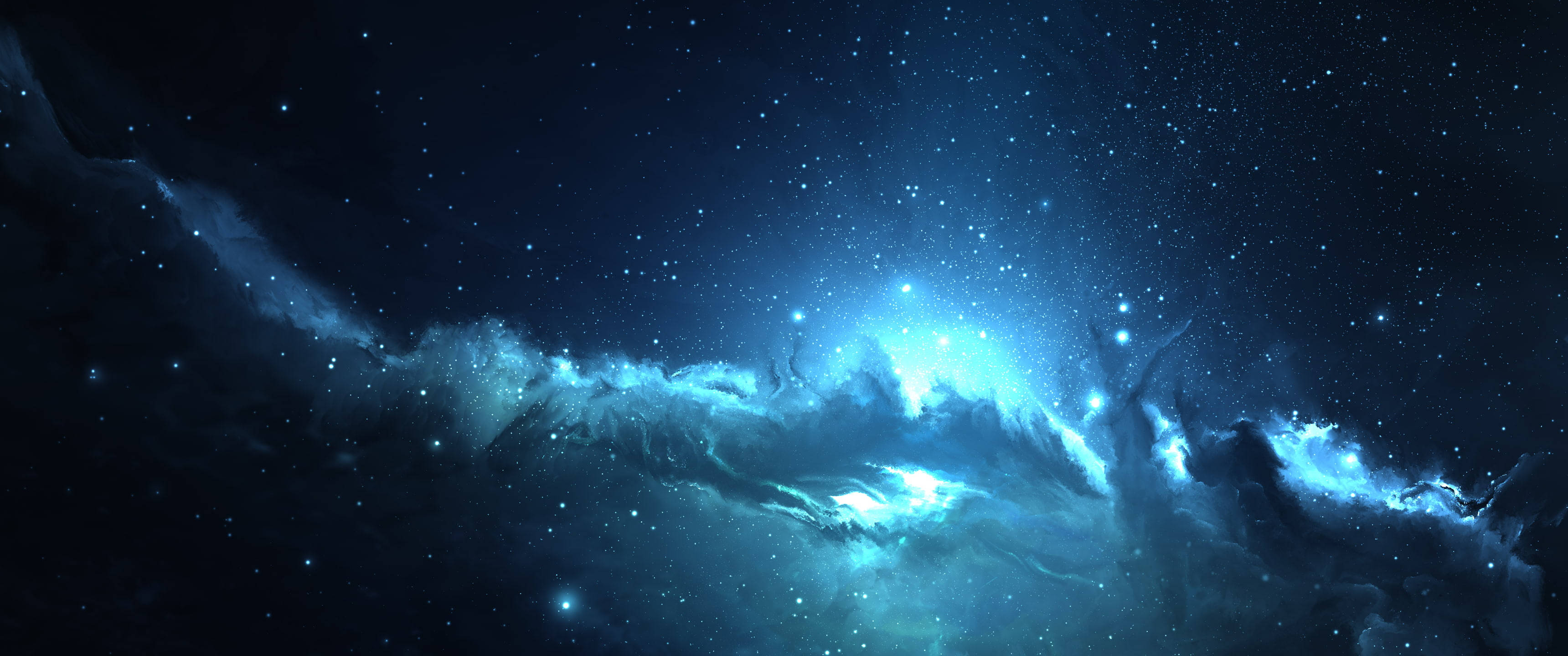 astronomy 桌布 壁紙 — 一顆明亮的藍色星雲在星場中旋轉，伴隨著發光的宇宙塵埃和燦爛的天體光。