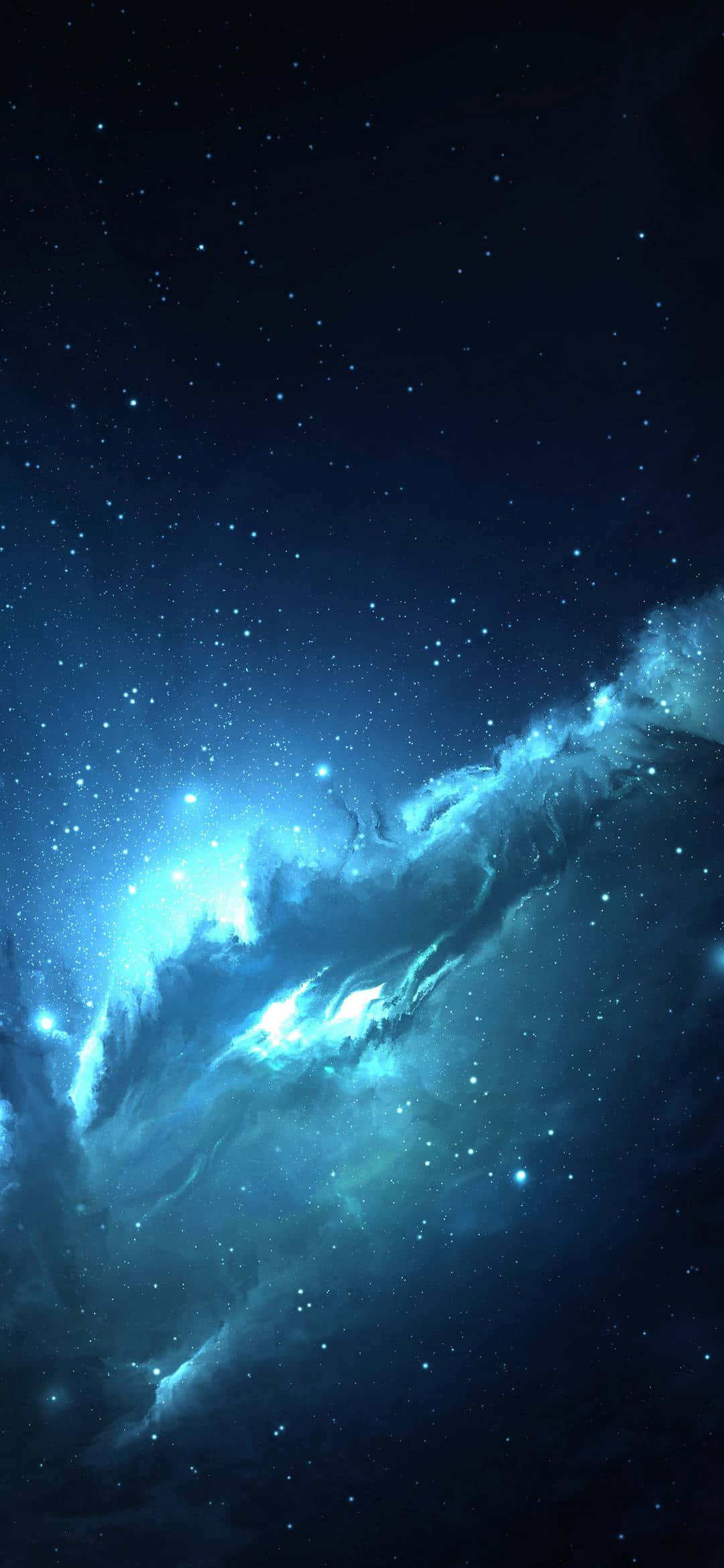 背景 桌布 壁紙 — 一顆明亮的藍色星雲在深空星場中旋轉，散發著宇宙能量。