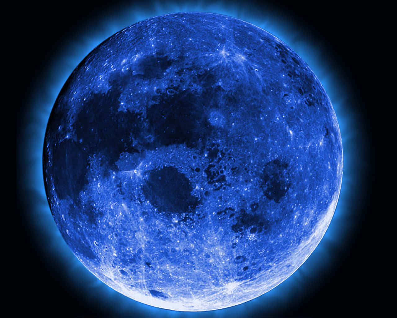 Pretty Moon 桌布 壁紙 — 一顆明亮的藍色月亮，帶有發光的隕石坑和光芒四射的光環，映襯著黑色的虛空。