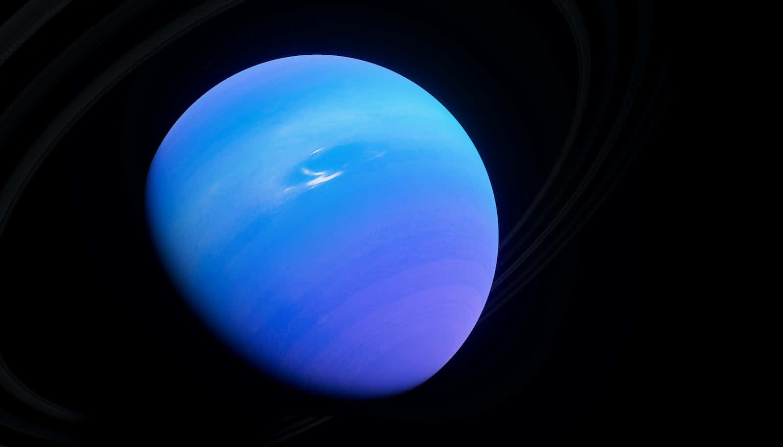 Uranus 桌布 壁紙 — 一顆明亮的藍色行星，帶有旋轉的雲層和隱約的環，在漆黑的太空中閃耀。