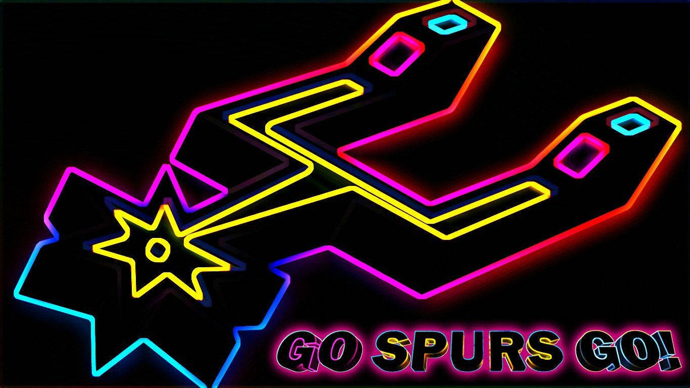Spurs 桌布 壁紙 — 一顆星星和一個風格化的「C」形狀的鮮豔霓虹輪廓在黑色背景上發光，並帶有「GO SPURS GO!」文字。