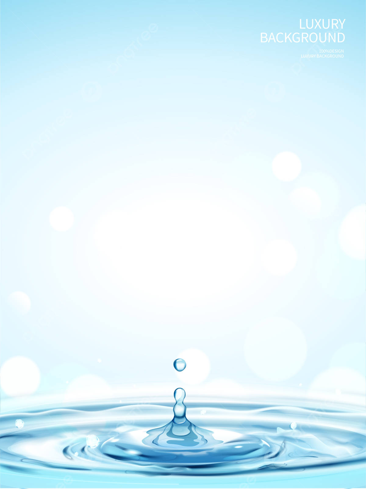 Water Drop 桌布 壁紙 — 一顆晶瑩剔透的水滴在柔和的藍色漸變背景和發光散景燈光中向上濺起。