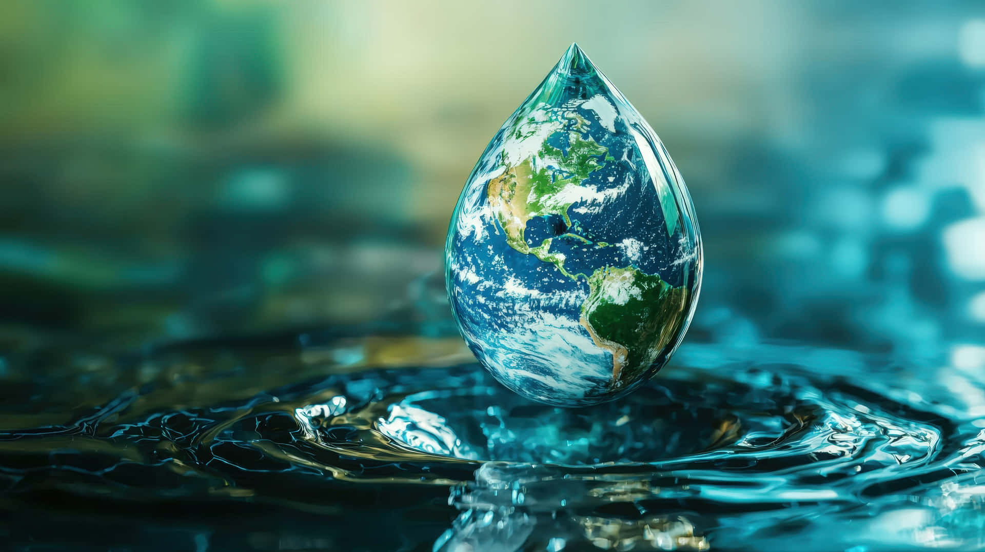 Earth inside a water droplet floating on surface 壁紙 — 一顆晶瑩剔透的水滴完美地包裹著地球，內部可見大陸和海洋，懸浮在漣漪的水面上。