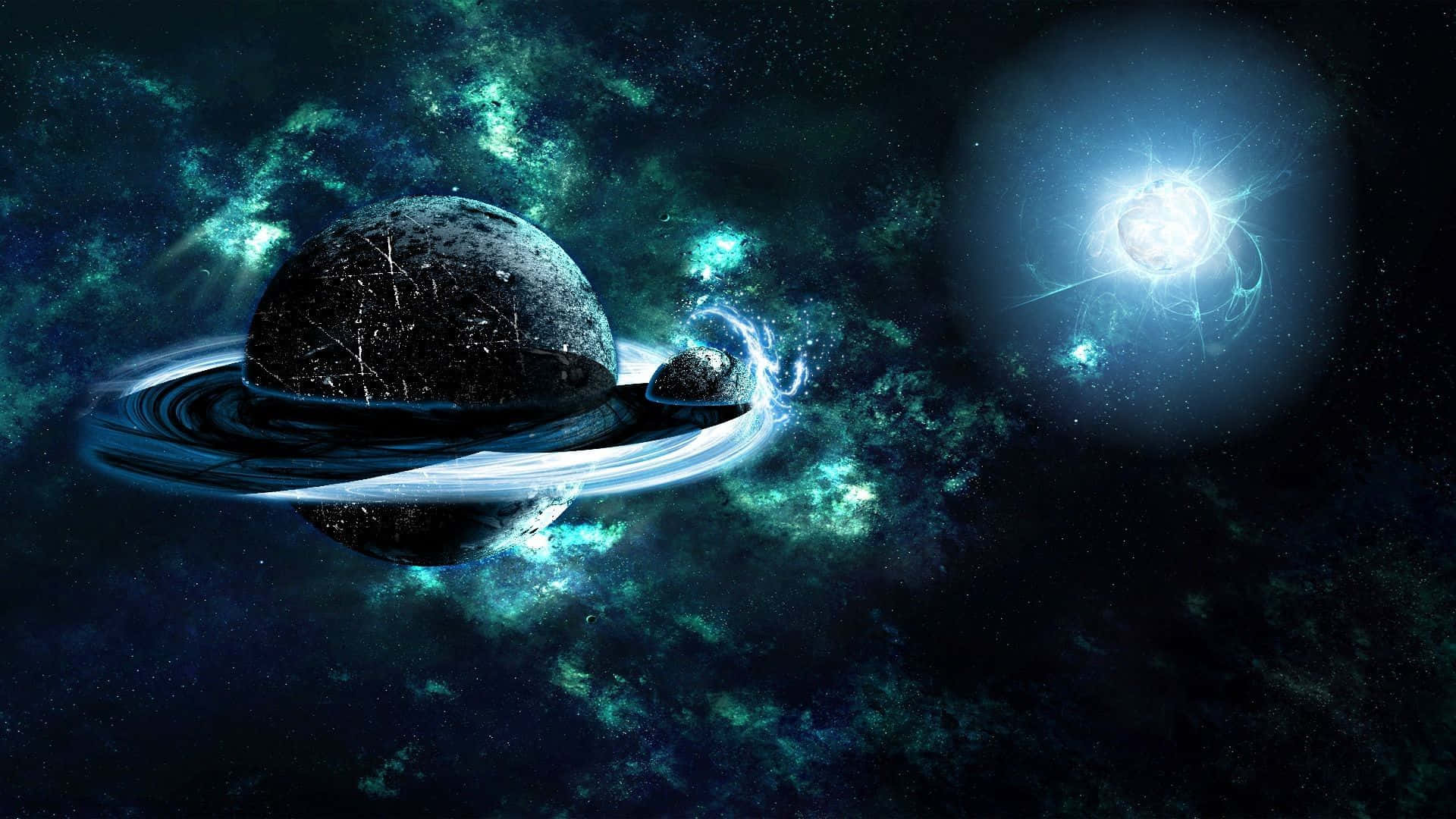 Space Desktop 桌布 壁紙 — 一顆暗色環狀行星在旋轉的青綠色星雲中繞著一顆明亮恆星運行，構成宇宙場景。