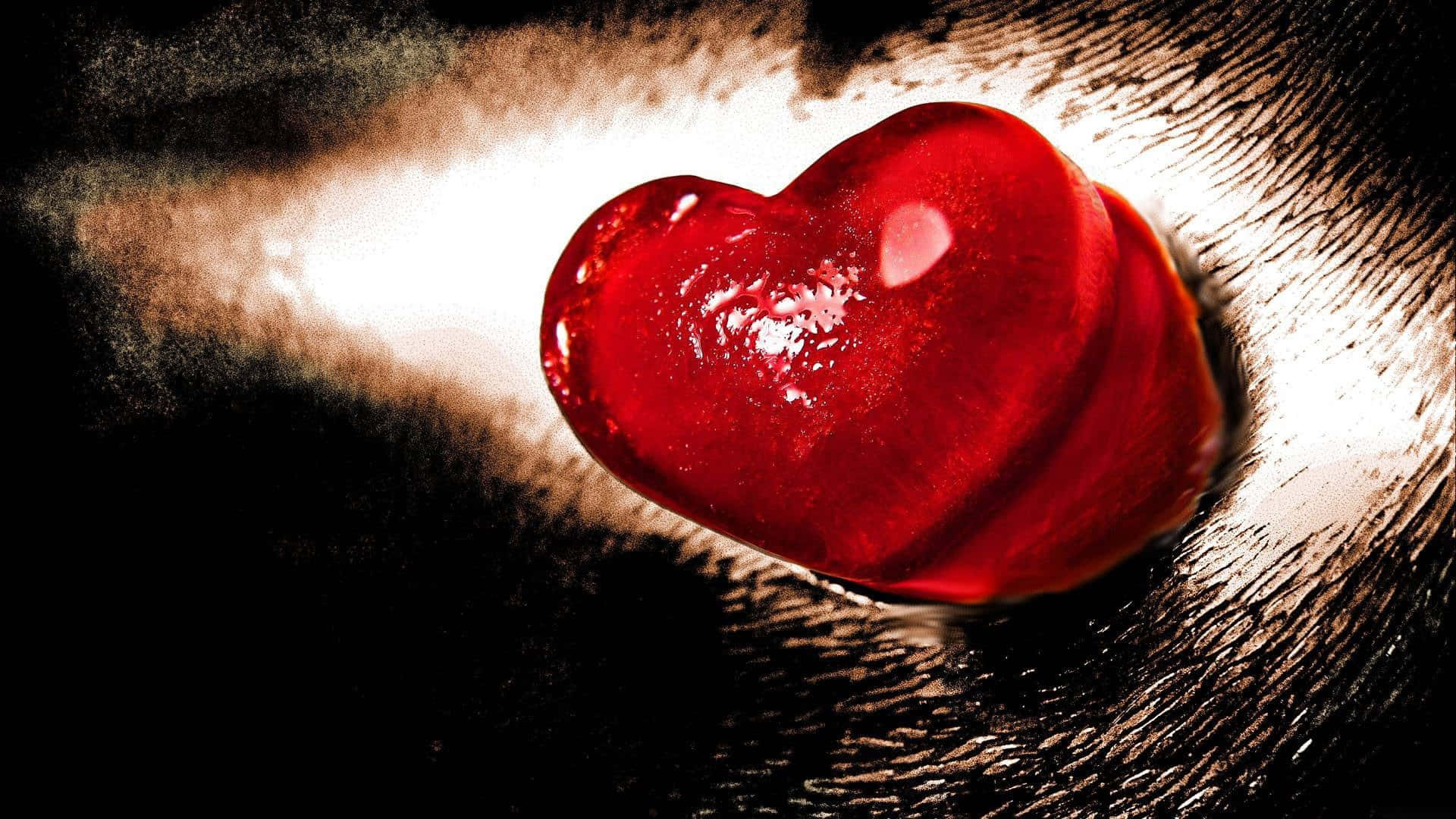 3d Heart 桌布 壁紙 — 一顆有光澤的紅色心形果凍糖放在漩渦狀深棕色紋理背景上，背後有明亮的光線。