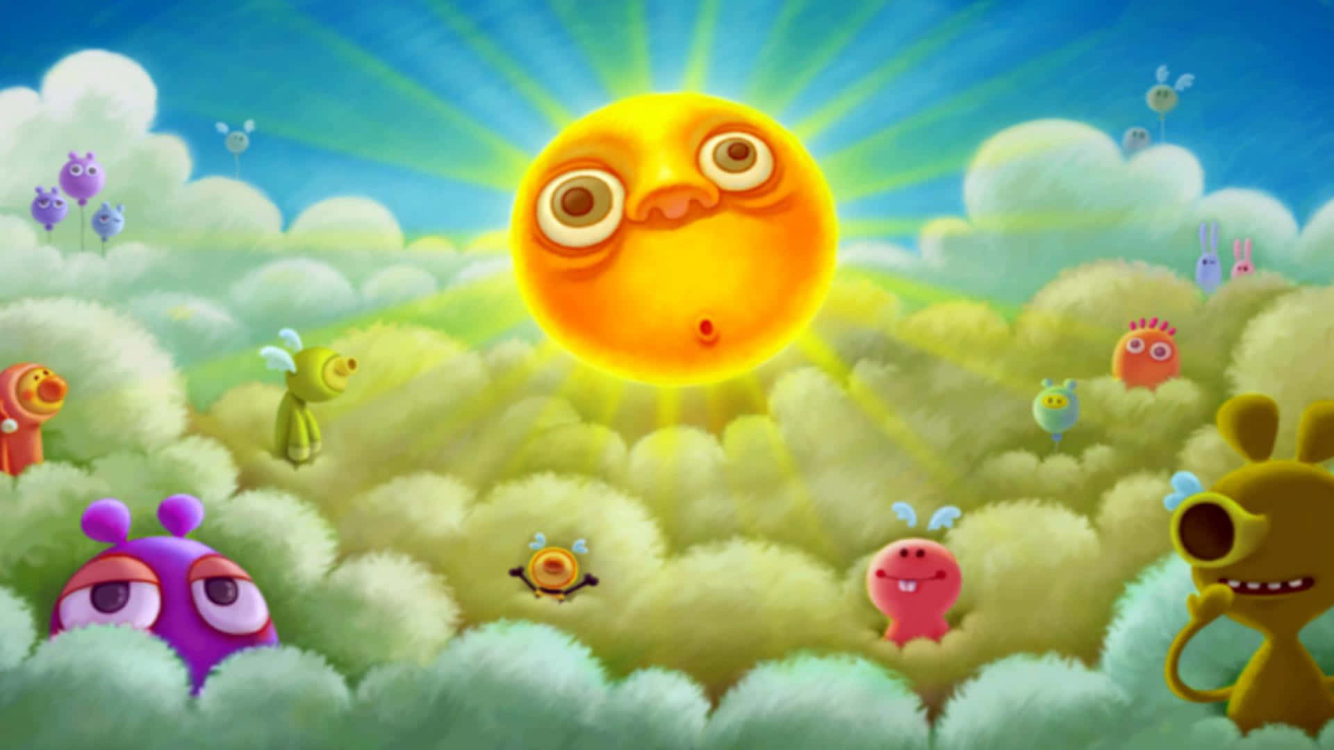 Animated Cartoon 桌布 壁紙 — 一顆有眼睛的歡樂卡通太陽照耀著蓬鬆的雲朵，雲朵上住滿了色彩繽紛、奇思妙想的生物。