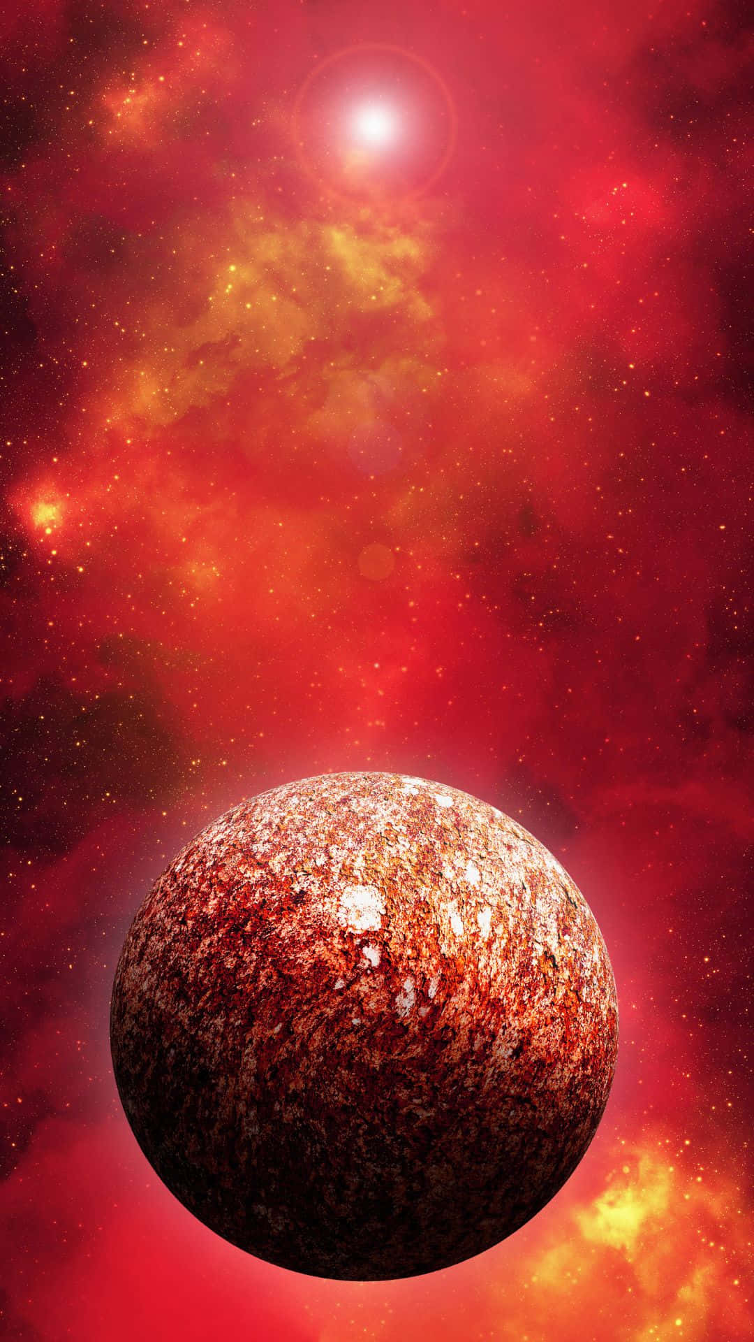 行星動畫 桌布 壁紙 — 一顆有紋理的行星漂浮在充滿橙色星星和宇宙塵埃的鮮紅色星雲中。