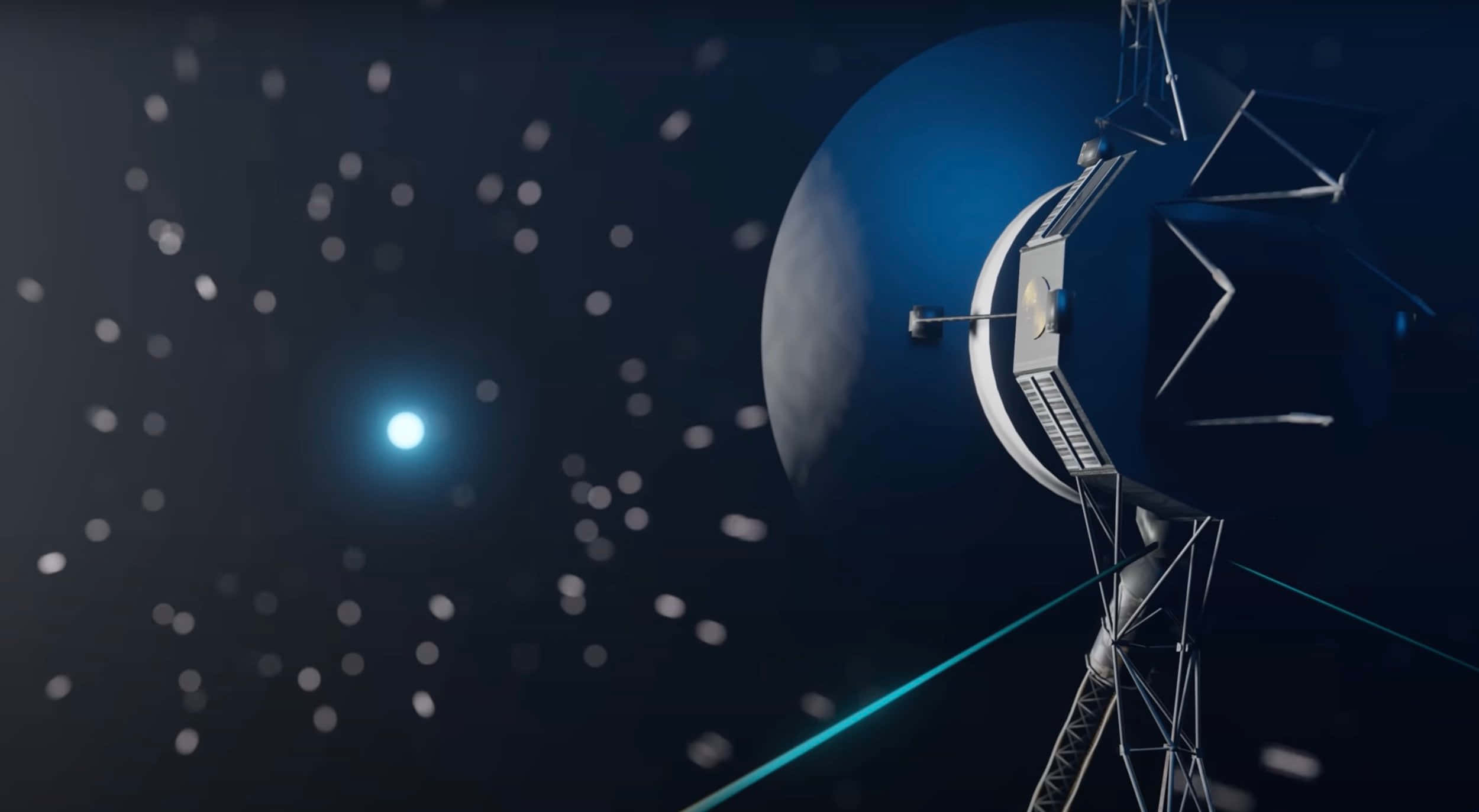 太空 桌布 壁紙 — 一顆未來主義衛星在繁星點點的夜空下繞著一顆藍色行星運行，背景是發光的太陽。