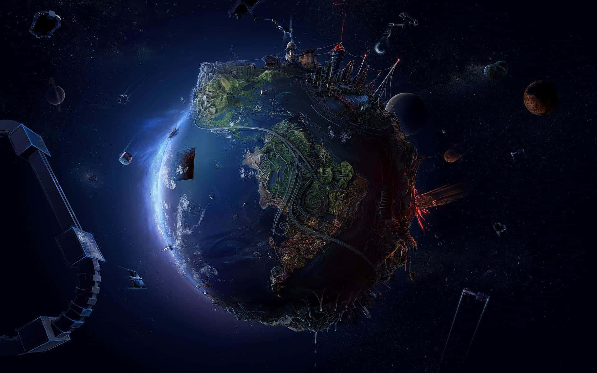 地球 桌布 壁紙 — 一顆未來星球，擁有發光的城市和漂浮結構，在星際和碎片中於深空軌道運行。