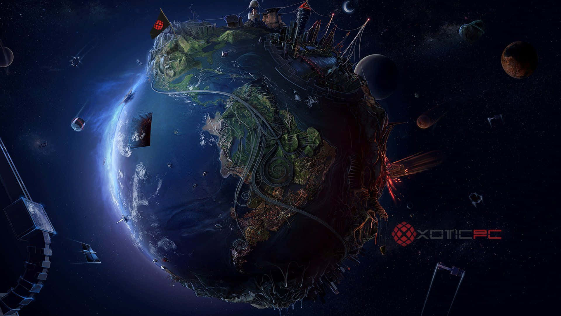 Cool Gaming 桌布 壁紙 — 一顆未來星球，擁有發光的城市和漂浮的結構，在小行星和遙遠衛星的環繞下於深空軌道運行。