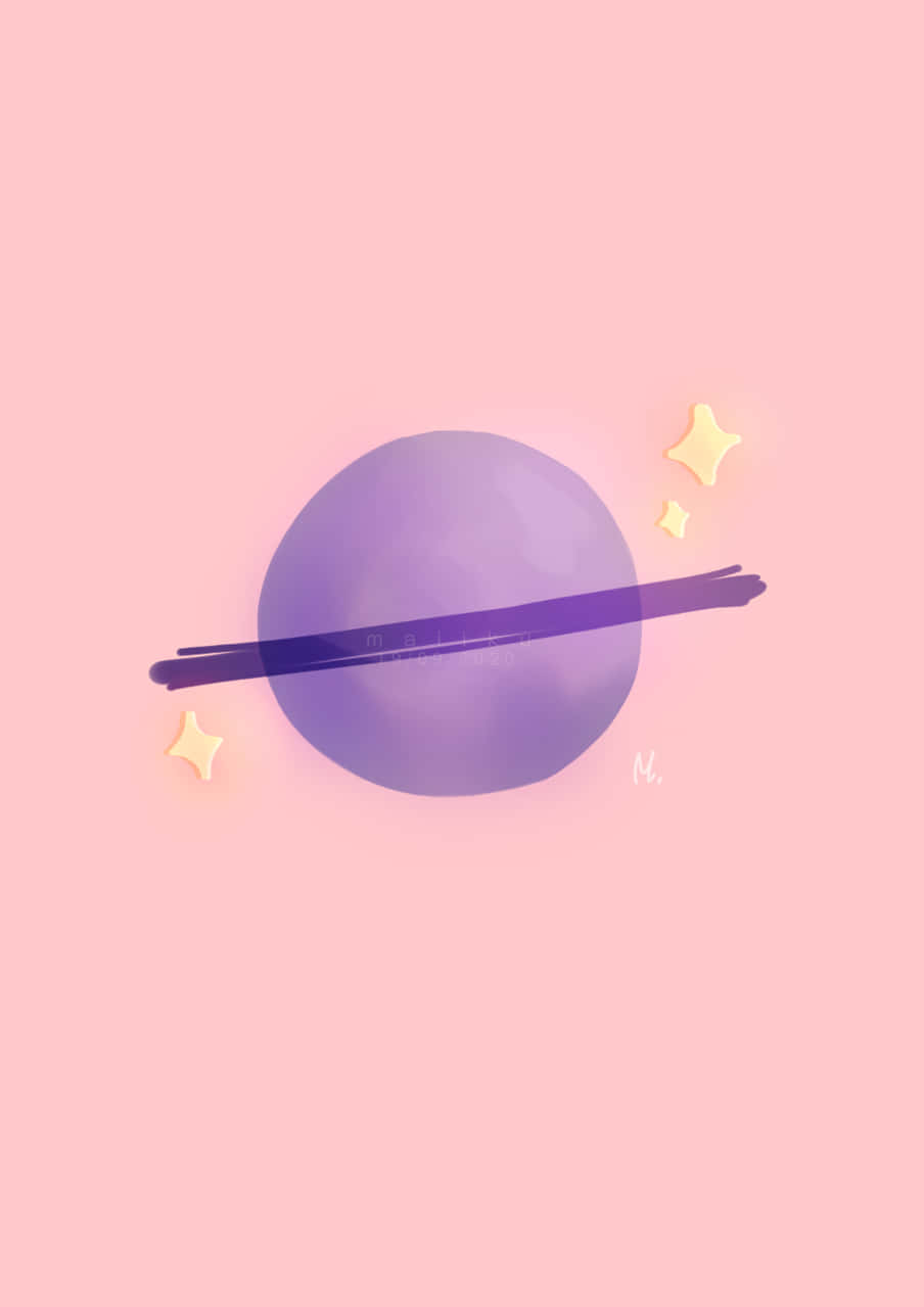 iPhone 桌布 壁紙 — 一顆柔和的紫色行星，帶有暗環和發光的黃色星星，漂浮在粉彩粉紅色的背景上。
