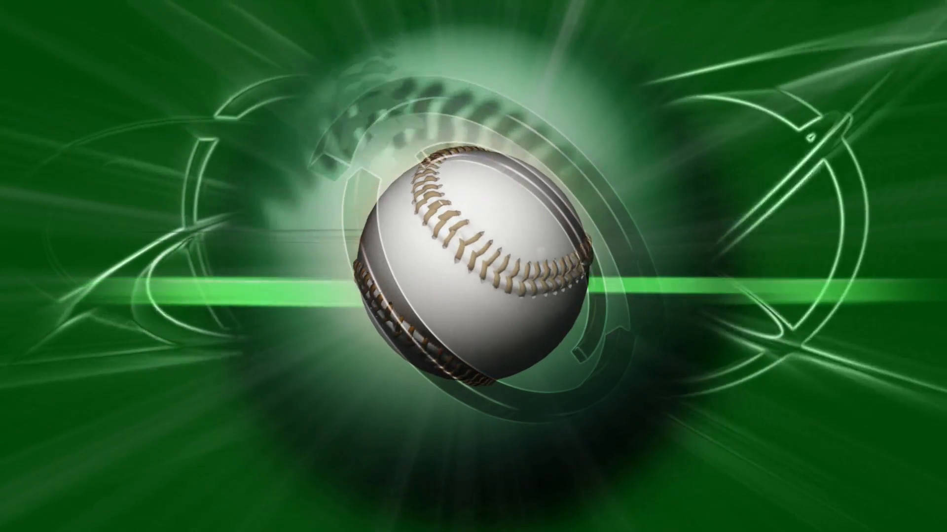 Cute Softball 桌布 壁紙 — 一顆棒球在帶有發光線條和圓形運動效果的動態抽象背景上，散發出輻射性的綠色能量光芒。