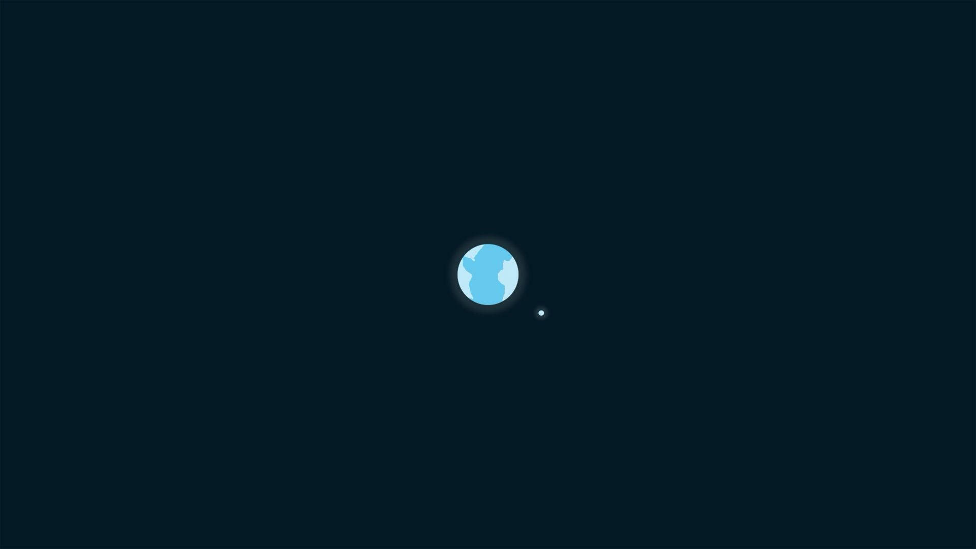 簡約 桌布 壁紙 — 一顆極簡藍色行星帶著一個小衛星，獨自漂浮在廣闊黑暗的宇宙虛空中。