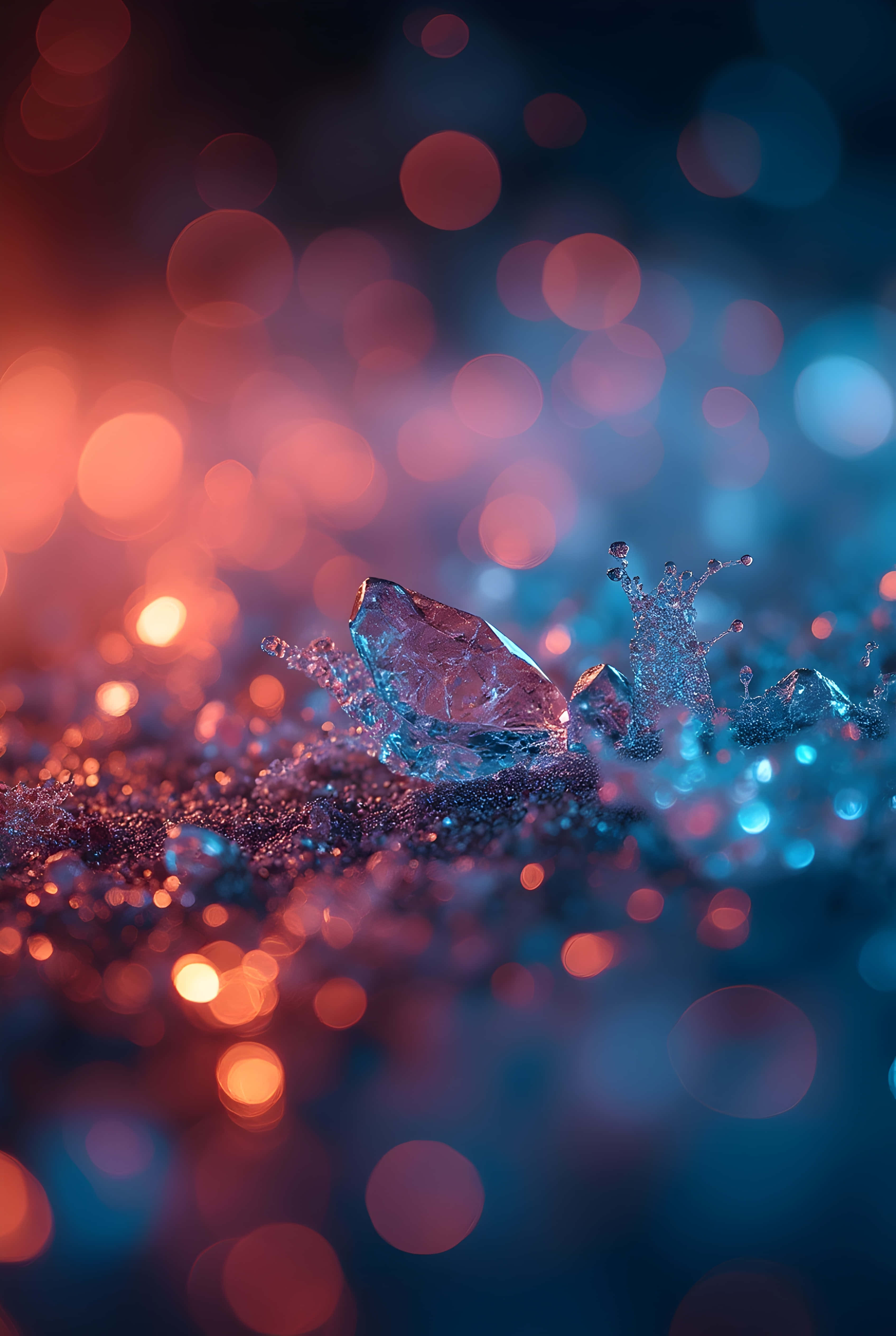 Water Splash 桌布 壁紙 — 一顆水晶鑽石在紅色和藍色燈光的鮮豔散景背景中碎裂成閃閃發光的碎片。