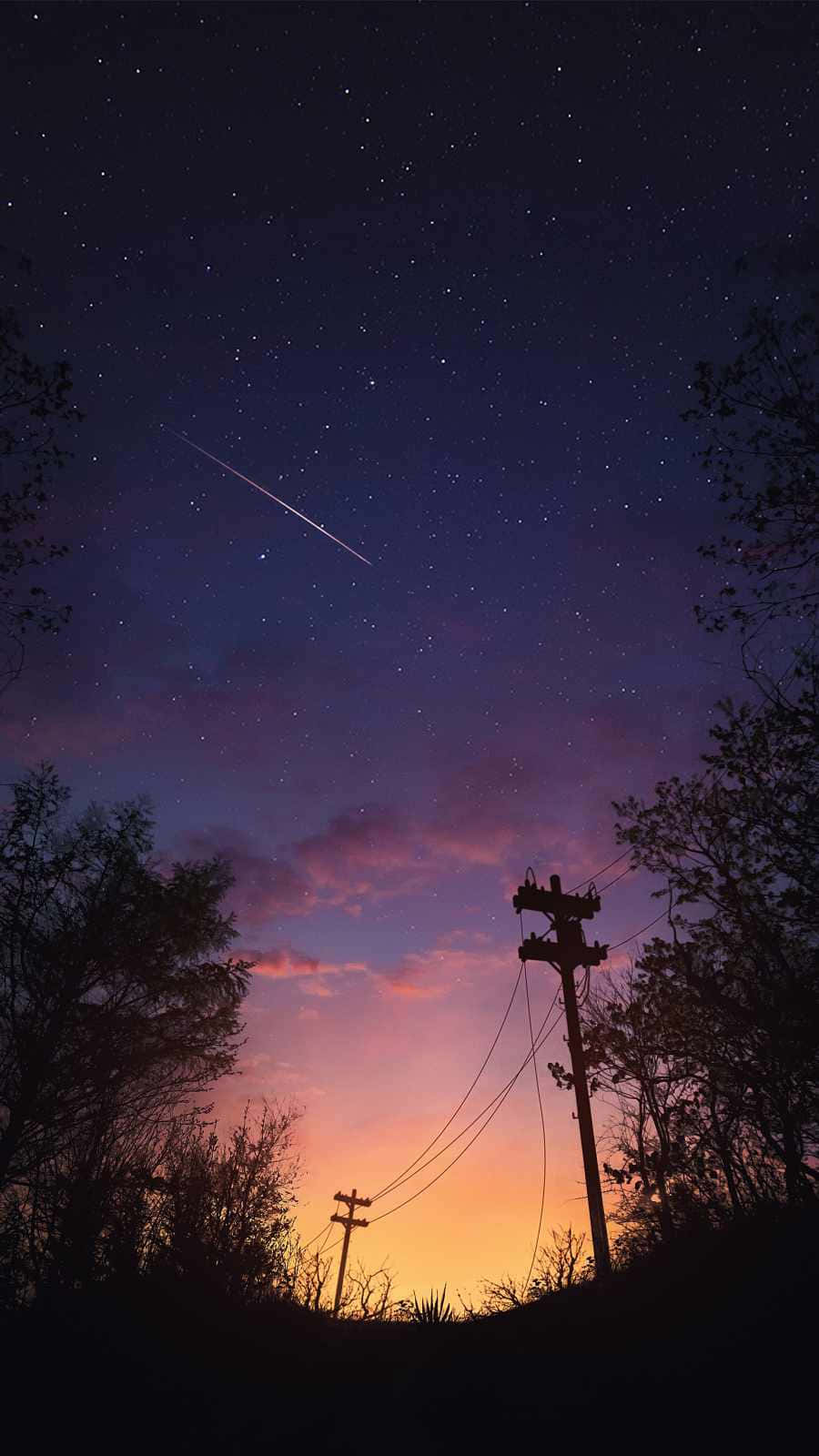 夕陽天空 桌布 壁紙 — 一顆流星劃過暮色天空，上方是剪影般的樹木和電線。