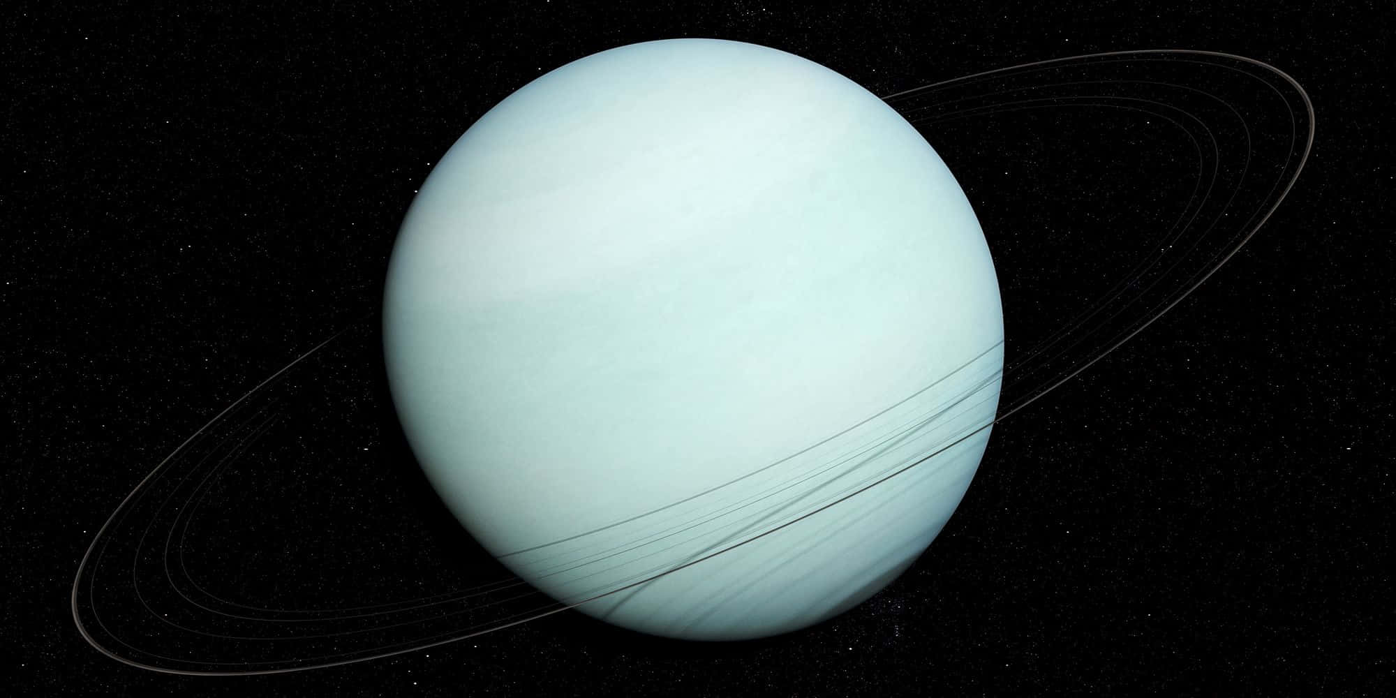 Uranus 桌布 壁紙 — 一顆淡藍色的行星帶著薄環，在繁星點點的黑色虛空中發光。