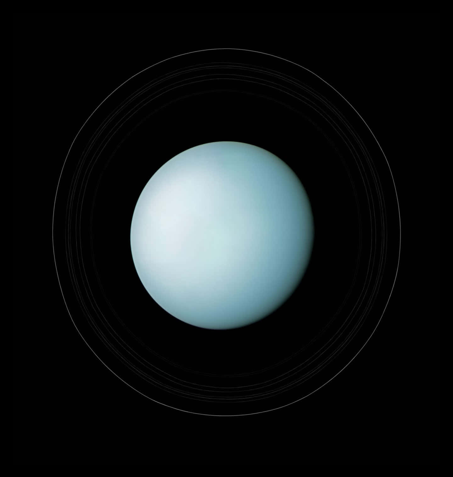 Uranus 桌布 壁紙 — 一顆淡藍色行星帶有暗淡光環，在黑色虛空中柔和發光。
