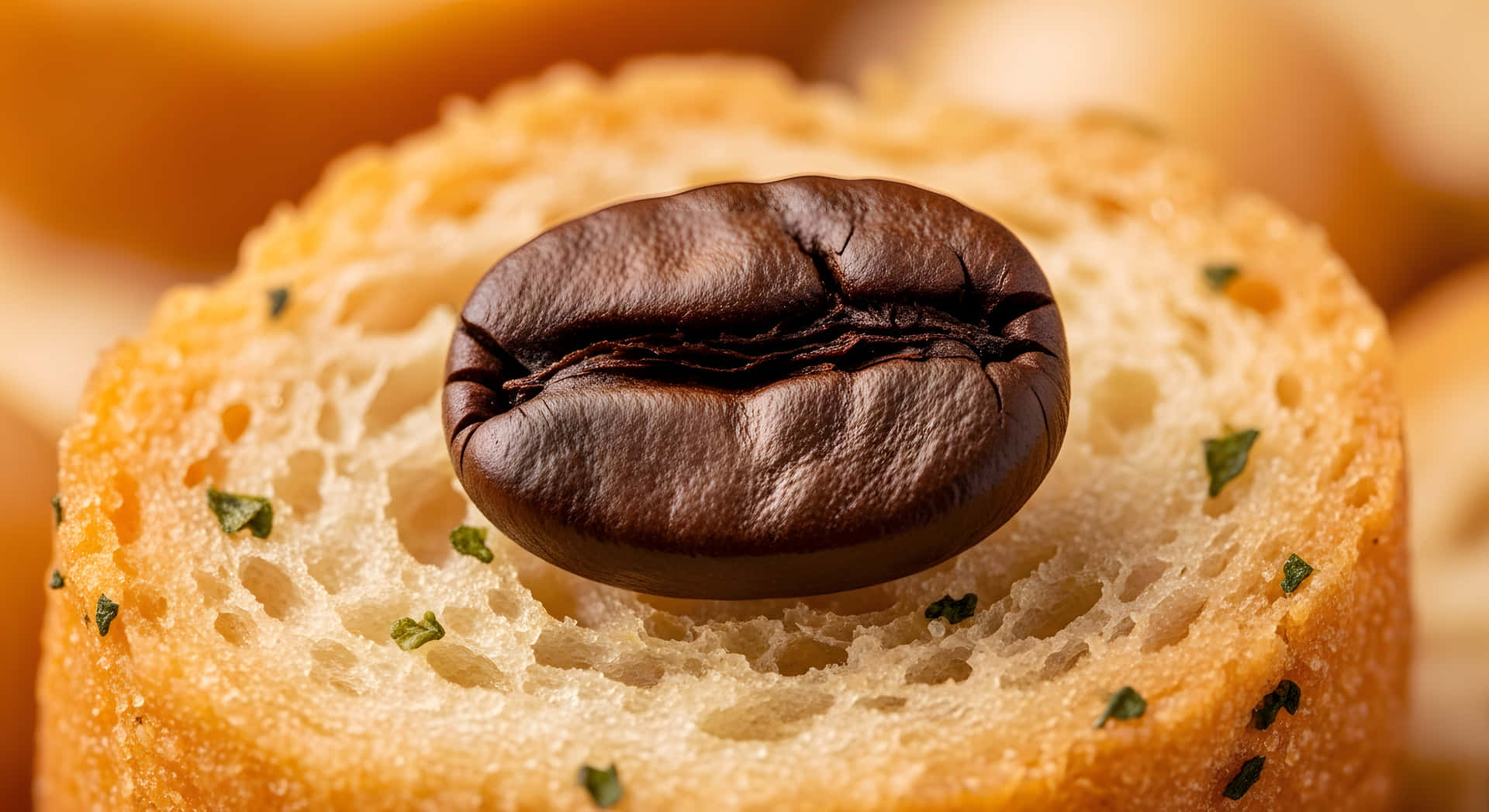 Coffee Bean Toast macro food photography featuring a single roasted coffee bean 壁紙 — 一顆深焙咖啡豆放在一片灑有綠色香草的金色鬆軟麵包上。