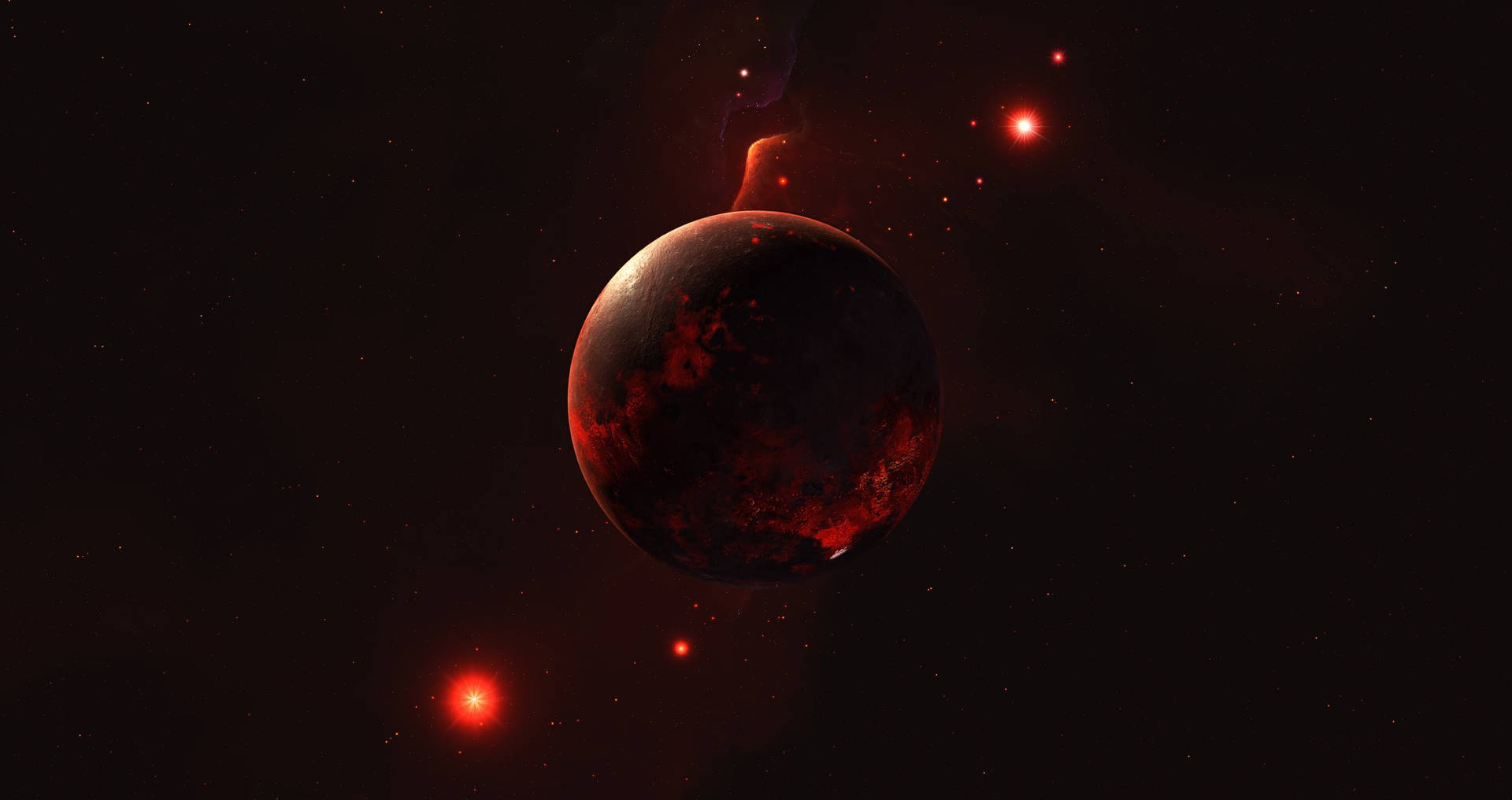 在繁星點點的宇宙場景中，一顆表面發光的紅色行星。 — 紅黑動圖 壁紙