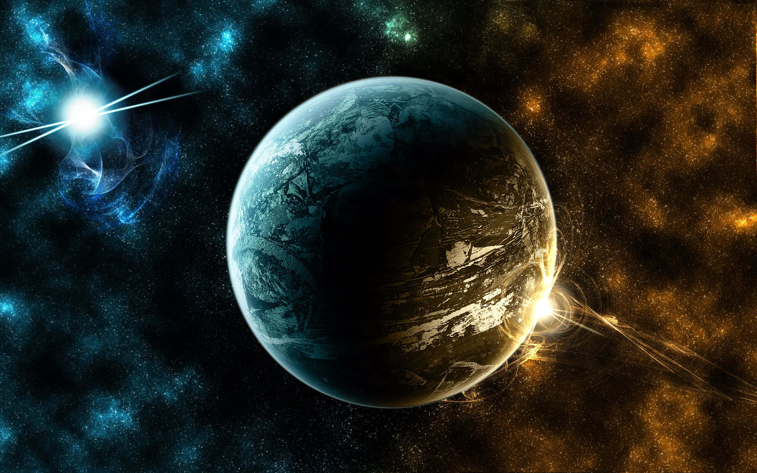 宇宙 桌布 壁紙 — 一顆深藍色行星帶有發光的金色光環，在藍色和橙色的鮮豔宇宙星雲中運行。
