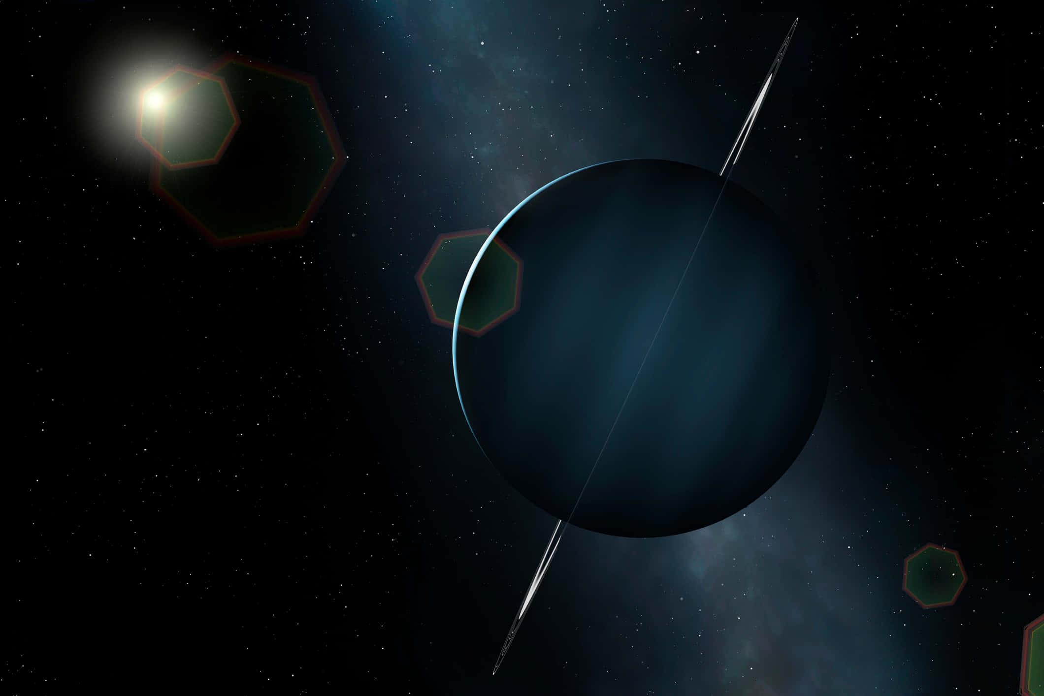 Uranus 桌布 壁紙 — 一顆深藍色行星帶著發光環繞著恆星運行，周圍有六邊形鏡頭光暈和星場，位於深空之中。