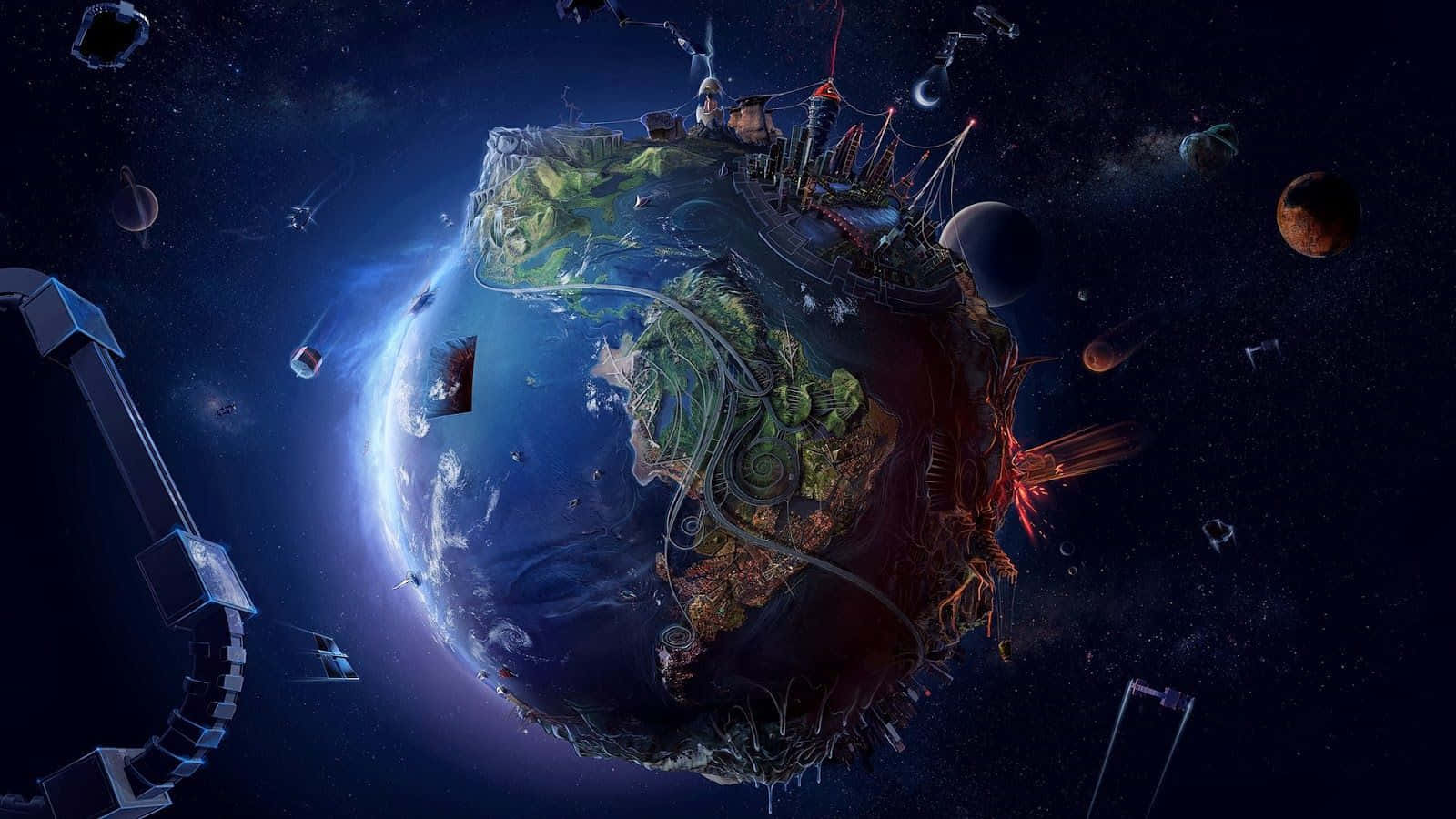 宇宙 桌布 壁紙 — 一顆漂浮的行星，擁有茂密的綠色大陸和未來主義城市，周圍環繞著太空碎片和遙遠的行星。