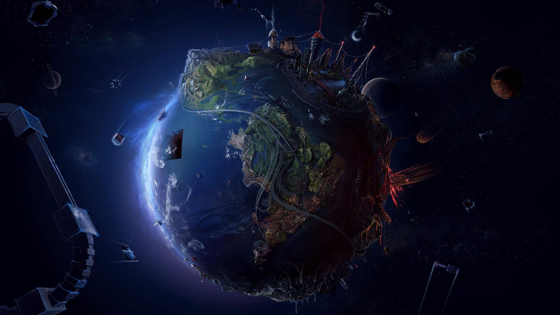 太空中帶有城市和碎片的漂浮行星 — 4K 地球 壁紙