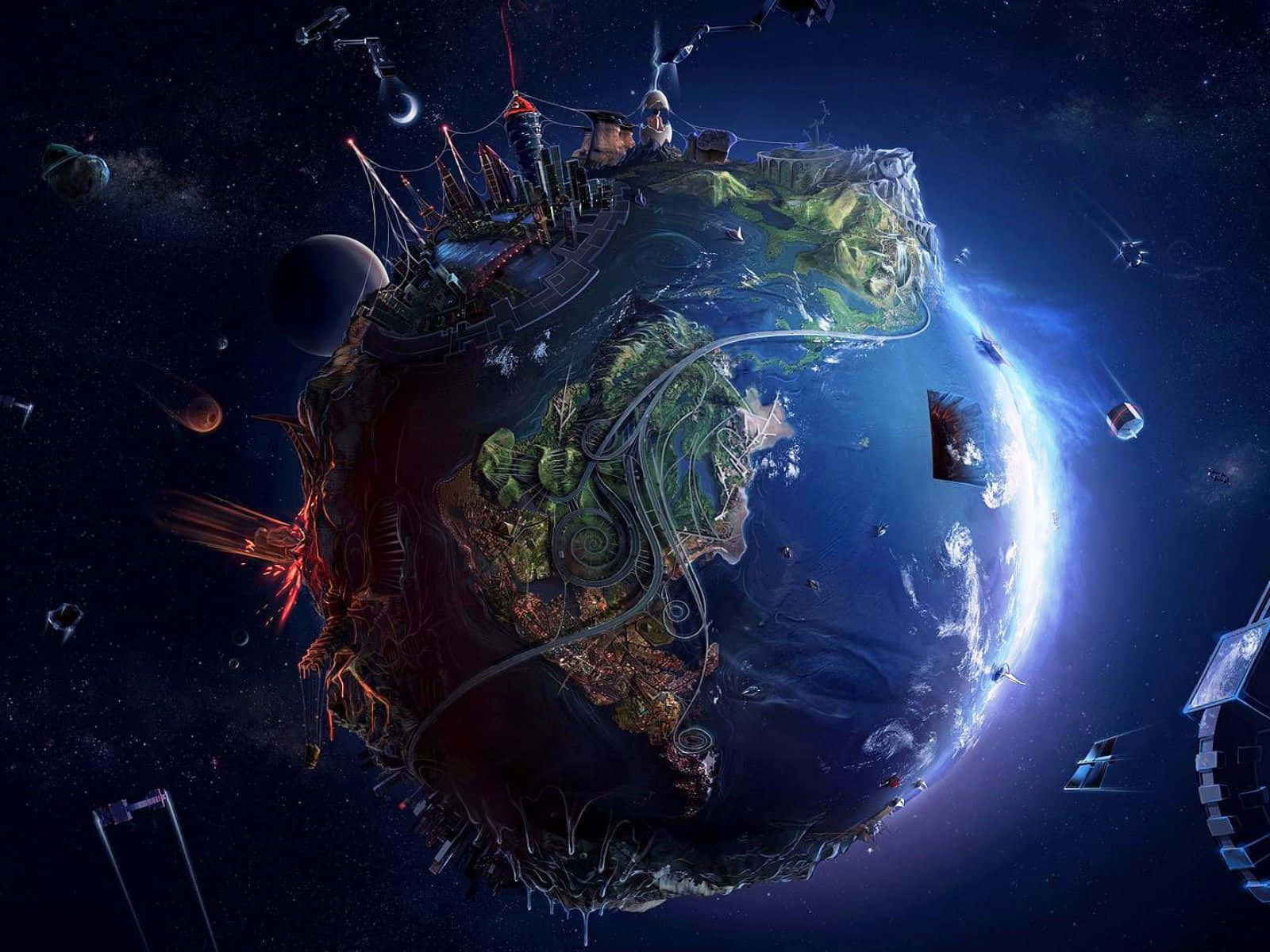 Earth Science 桌布 壁紙 — 一顆漂浮的行星，擁有茂密的綠色大陸和未來主義結構，在深空中環繞，周圍是太空船和星星。