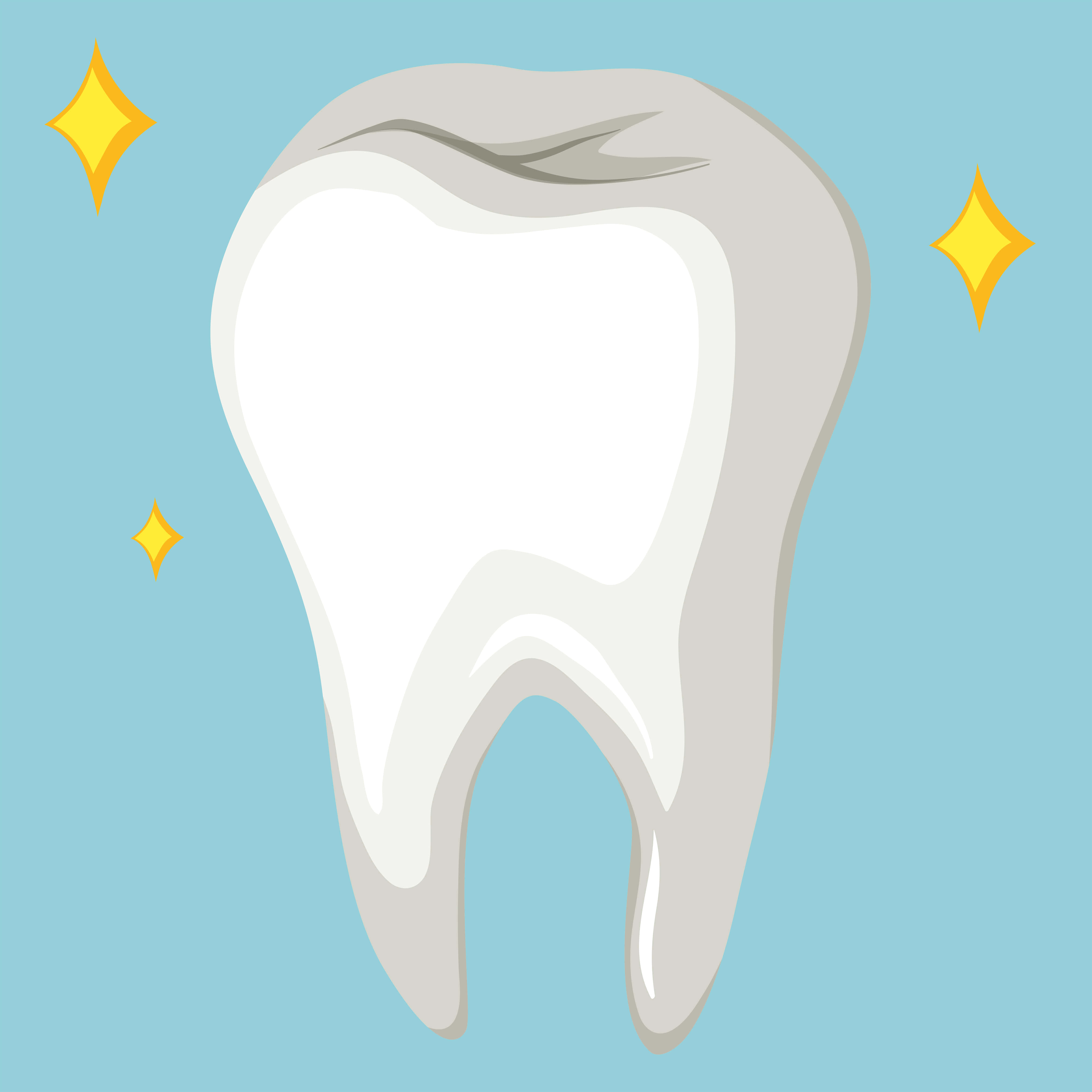 Tooth 桌布 壁紙 — 一顆潔白的牙齒，帶有灰色陰影和黃色閃光，背景為淺藍色。