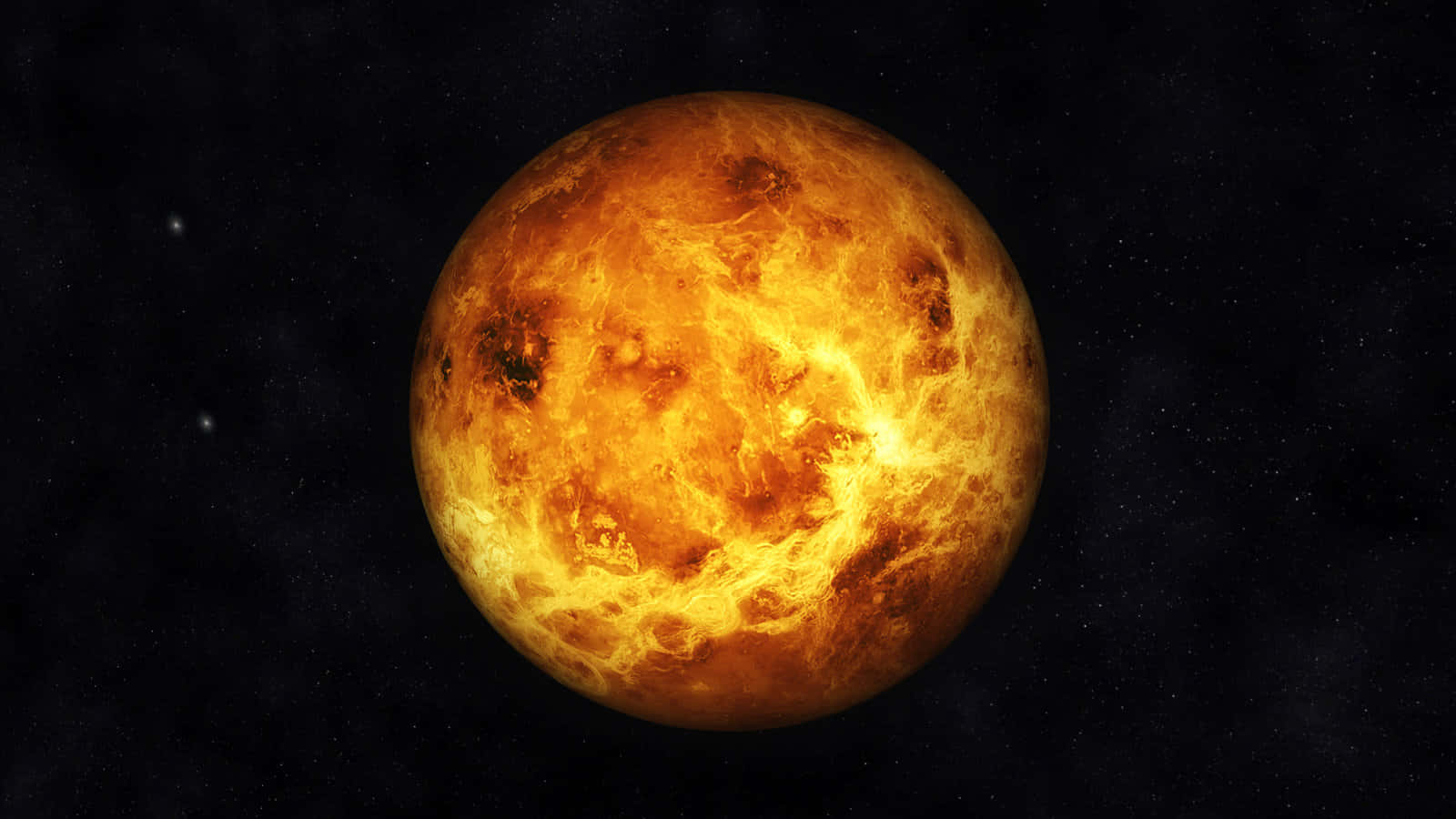 Venus 桌布 壁紙 — 一顆火橙色、帶有漩渦雲層的行星主宰著佈滿星點的黑虛空。