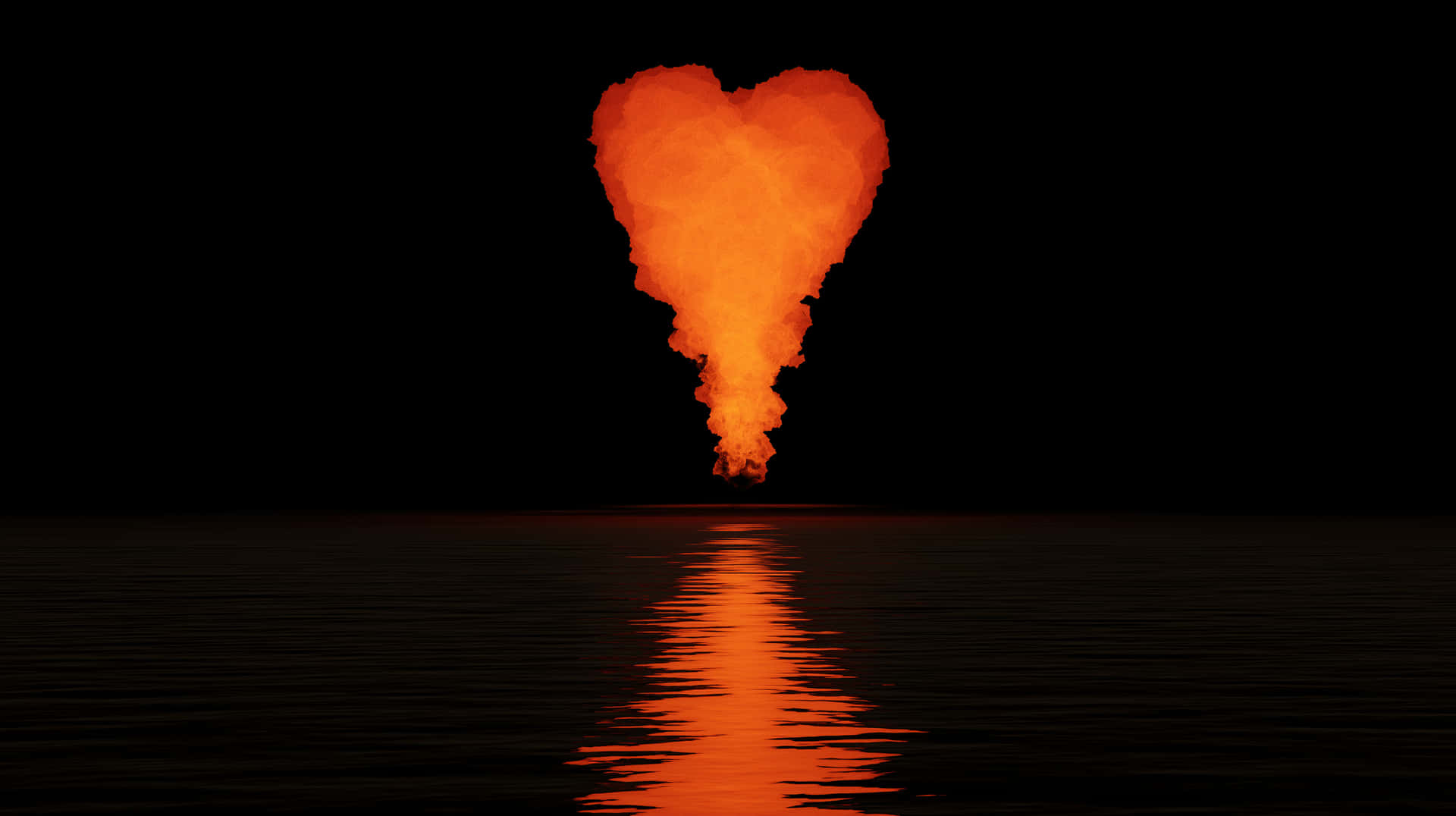 A burning heart floating above water 壁紙 — 一顆火焰心形爆炸從水中爆發，映襯著黑色天空，帶有鮮明的橙色倒影。
