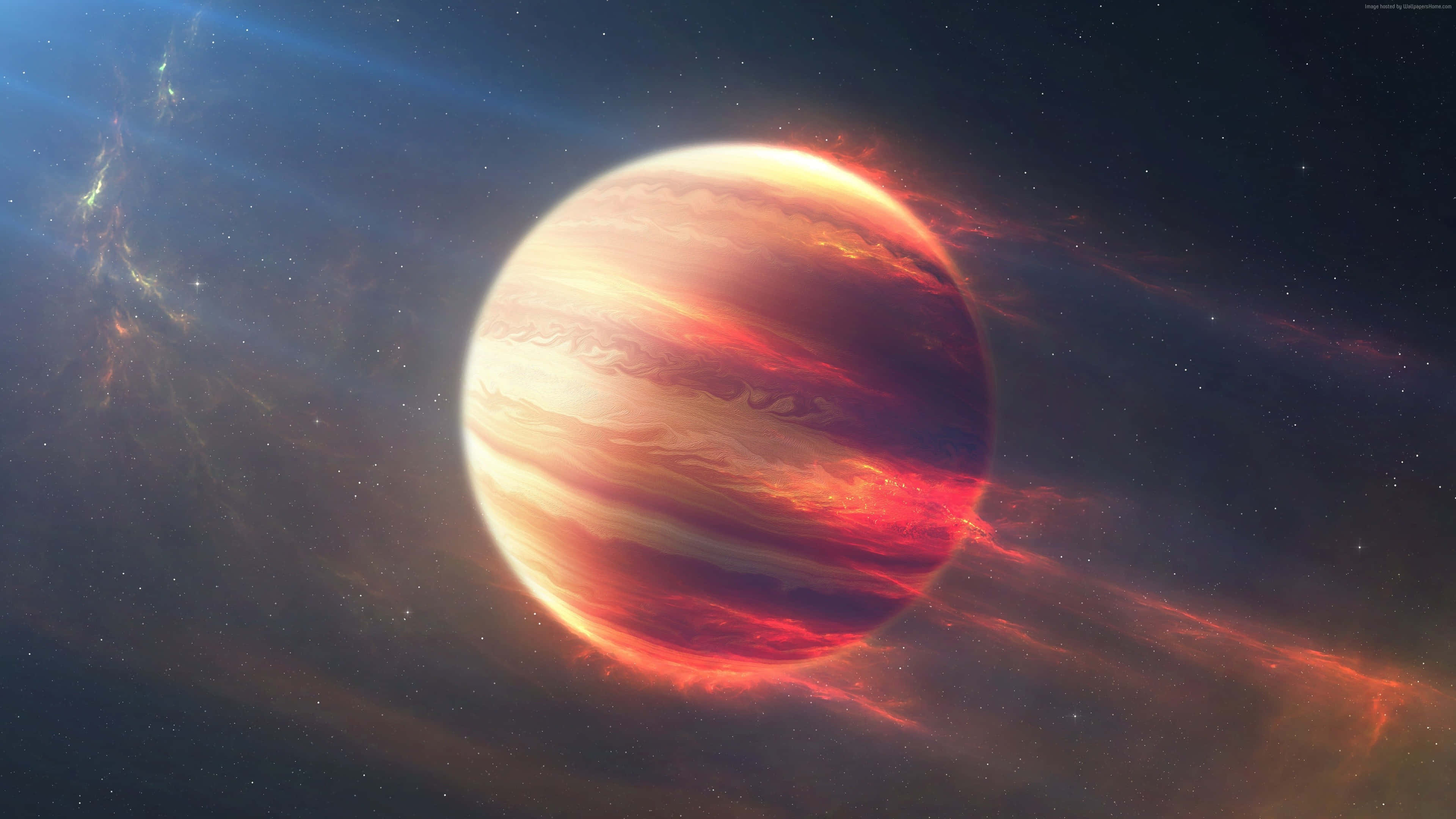 4K 太空 桌布 壁紙 — 一顆火紅和橙色的氣體巨星行星，帶有旋轉的雲層，在星光燦爛的宇宙背景中發光，並有發光的星雲。