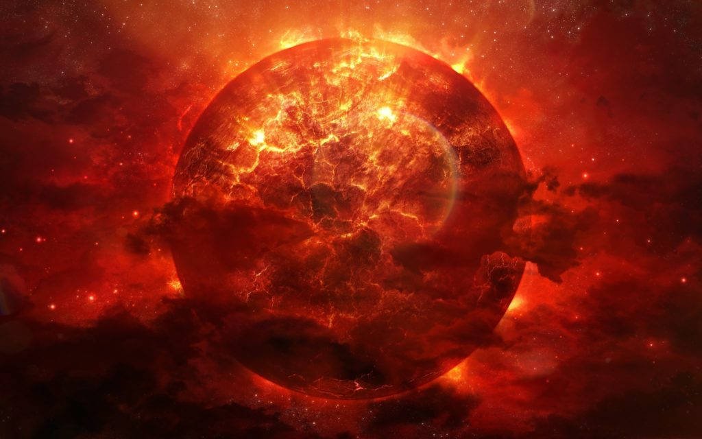 sun HD 桌布 壁紙 — 一顆火紅的太陽噴發著等離子耀斑，背景是深紅和黑色太空塵埃形成的漩渦星雲。