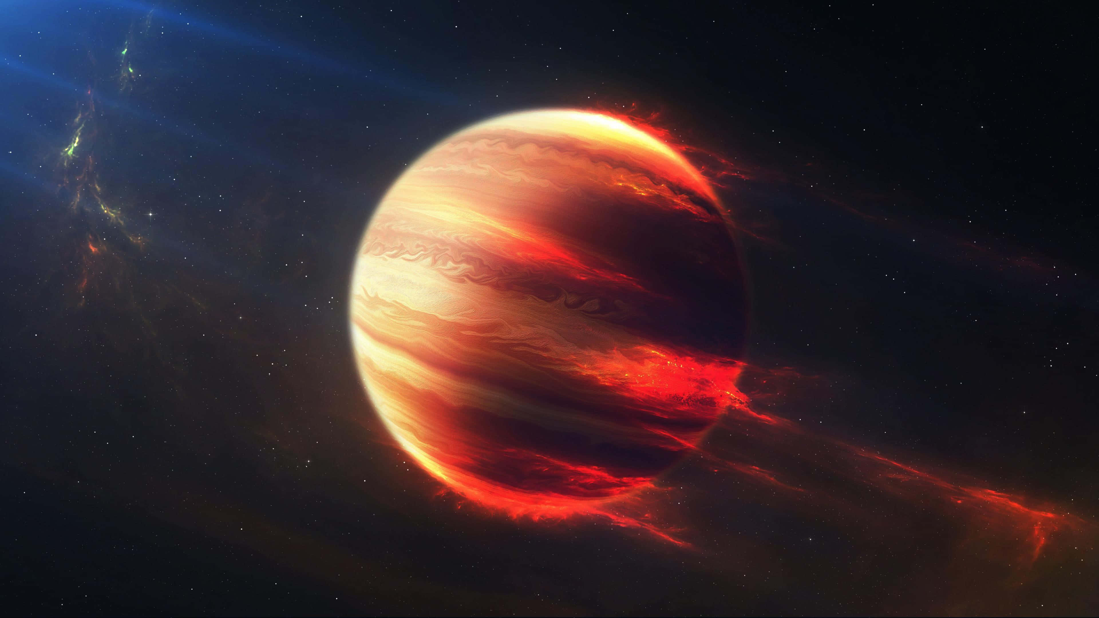 桌布 壁紙 — 一顆火紅與橙色交織的氣體巨星行星，帶有旋轉的雲層，在佈滿星辰和星雲的宇宙背景下發光。