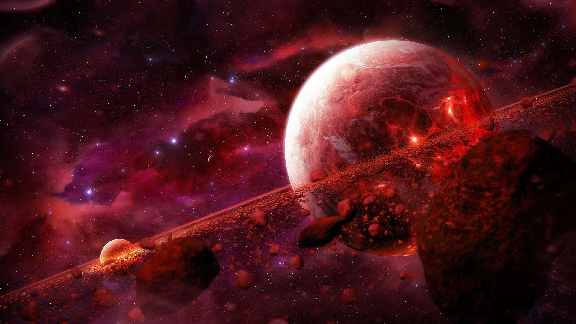 Red Space 桌布 壁紙 — 一顆火紅色的行星，帶有發光的熔岩流，主宰著一個充滿小行星和旋轉星雲的宇宙場景，背景是星空。
