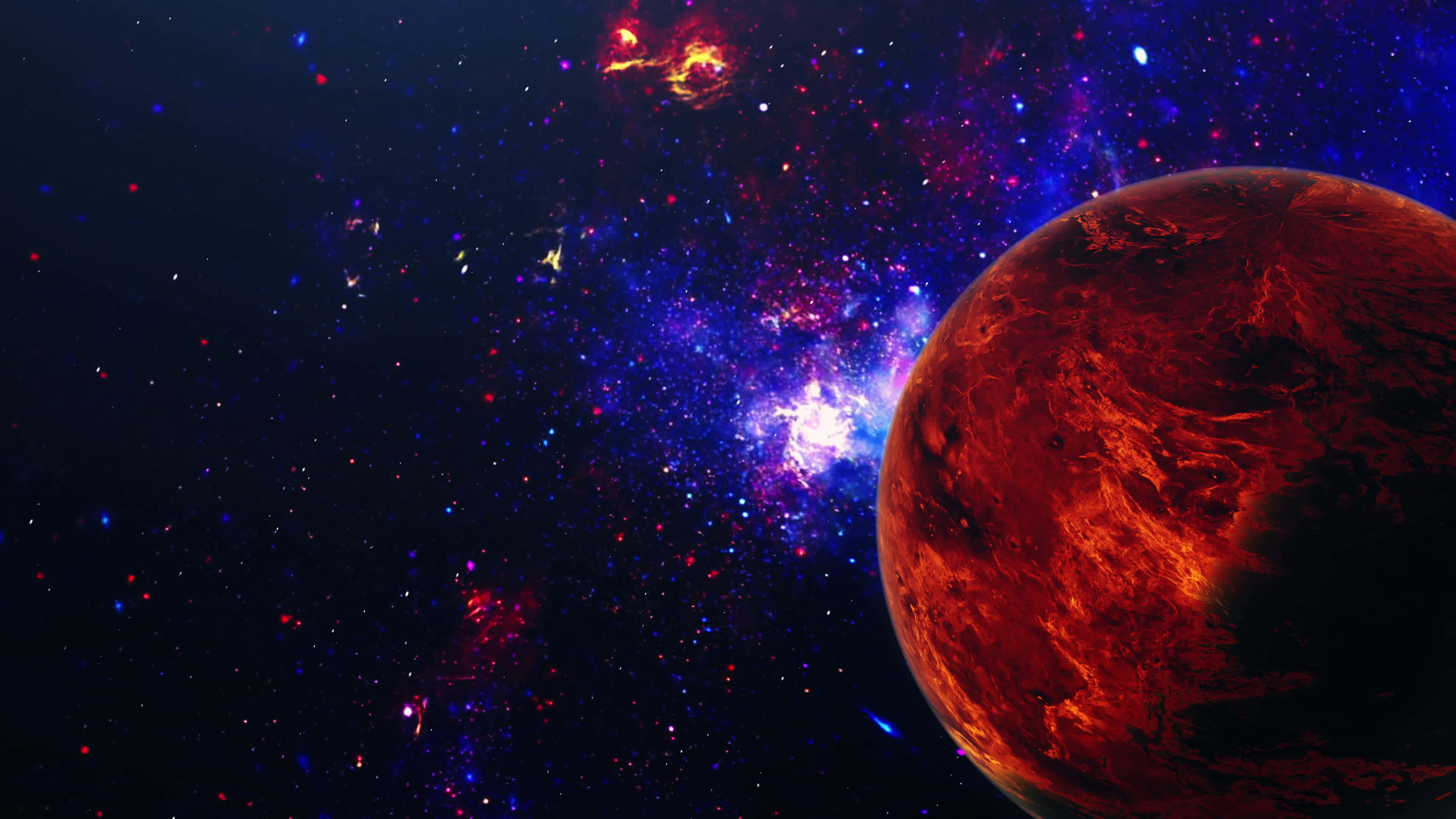 桌布 壁紙 — 一顆火紅色的行星主宰著一個充滿鮮豔星雲和散落恆星的宇宙場景，背景是深邃的太空。