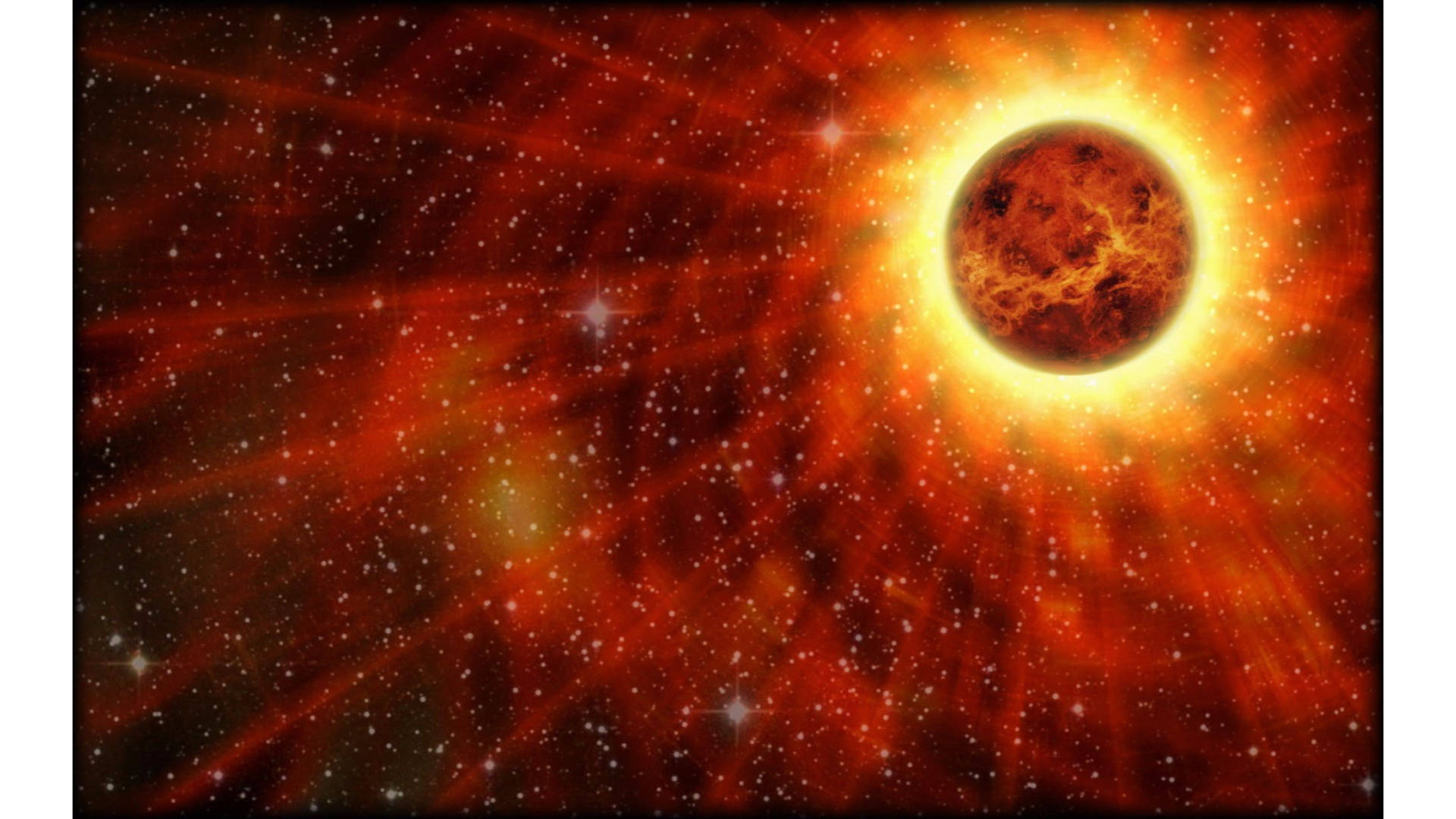 太陽系 桌布 壁紙 — 一顆火紅色的行星帶有發光的太陽日冕，在橙色和黑色星雲的星空中散發出強烈的光芒。