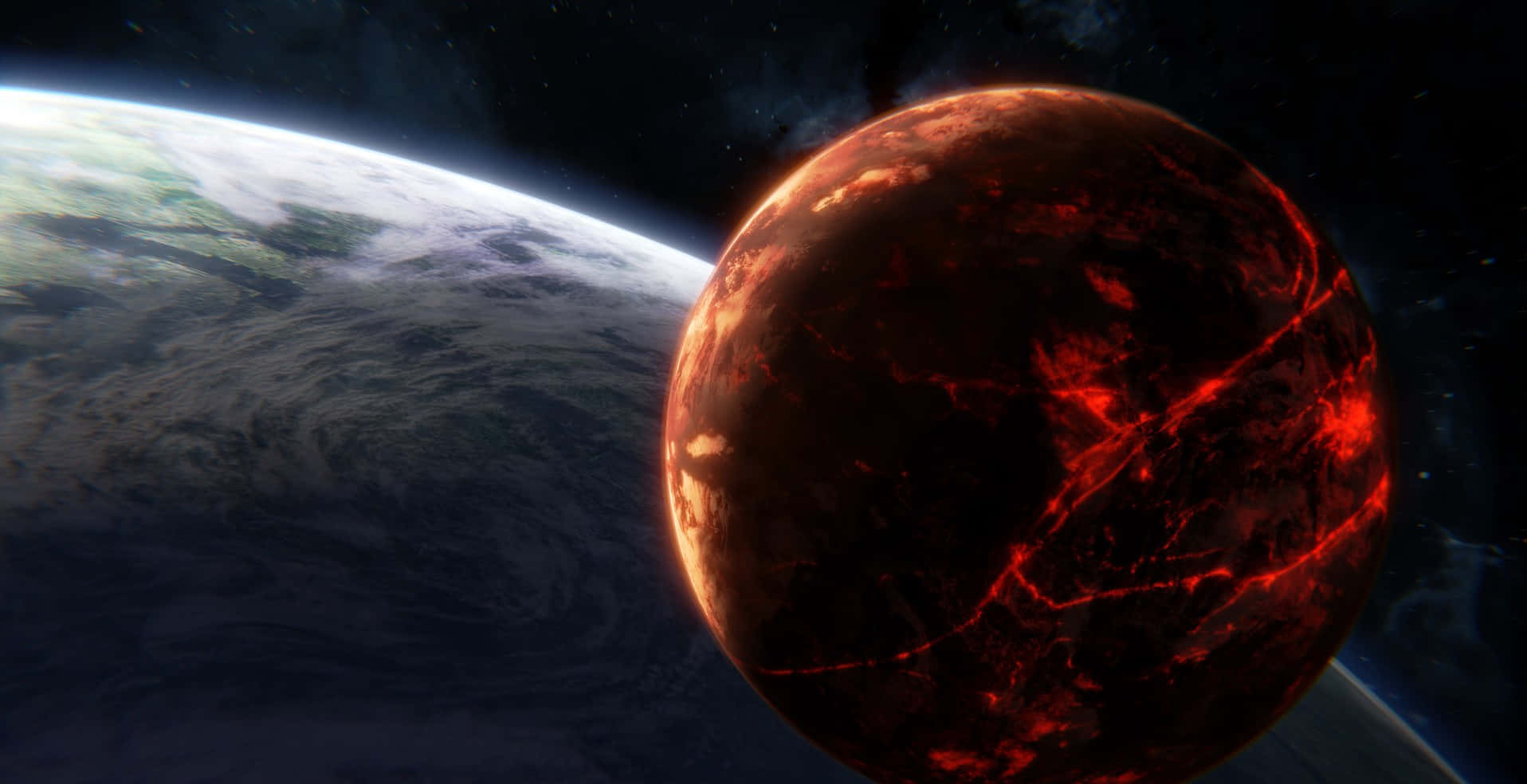 Mustafar 桌布 壁紙 — 一顆熔化的紅色行星帶著發光的熔岩河流，在深空中環繞著藍綠色的地球運行。