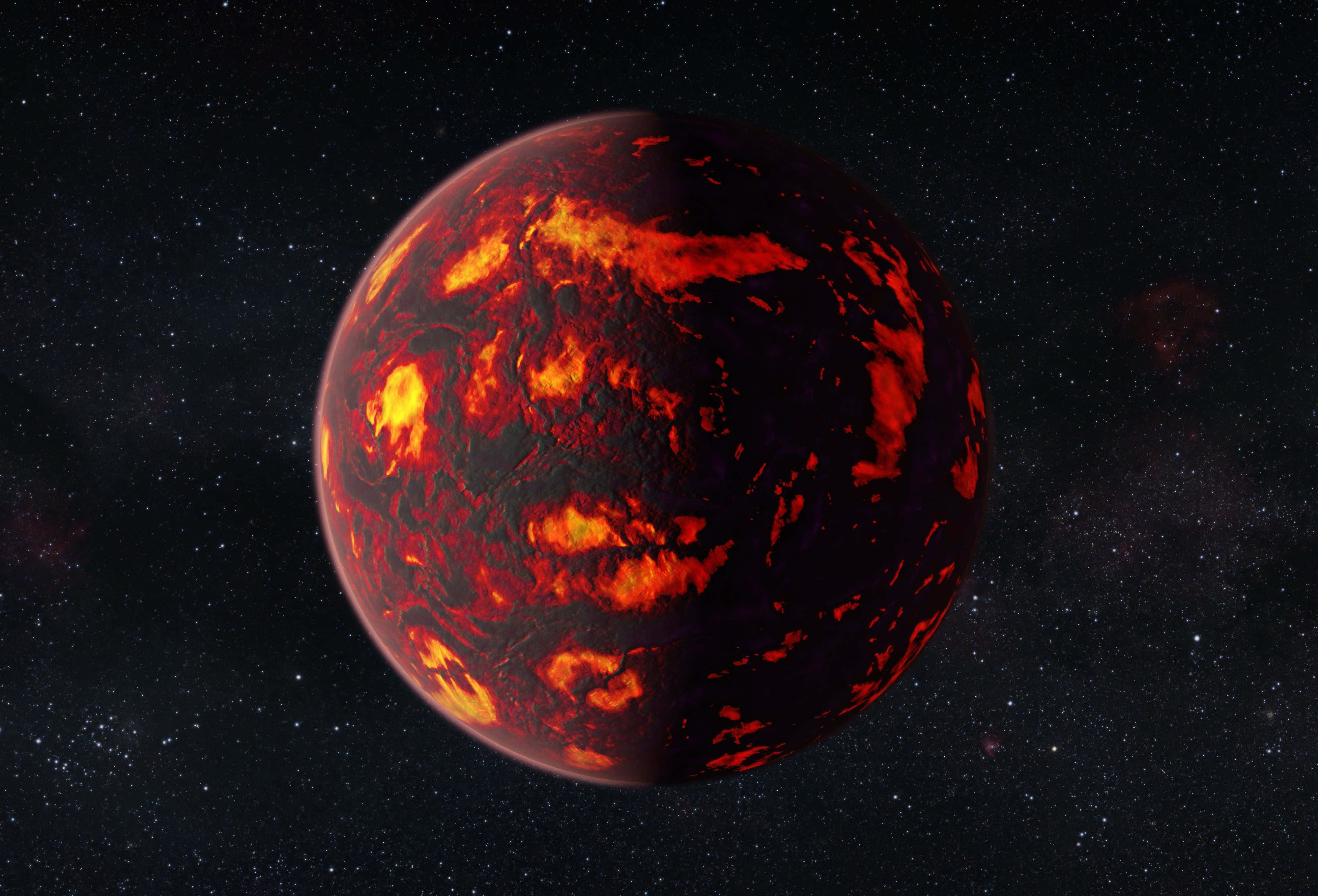 Exoplanet 桌布 壁紙 — 一顆熔化的行星，在繁星點點的宇宙背景下流淌著熾熱的橙色熔岩流。