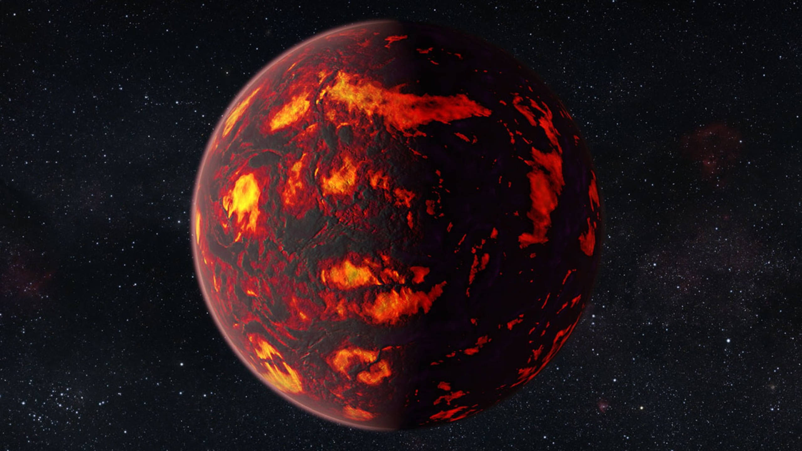 Black Planet 桌布 壁紙 — 一顆熔化的行星，帶有發光的橙色熔岩流，背景是繁星點點的宇宙。