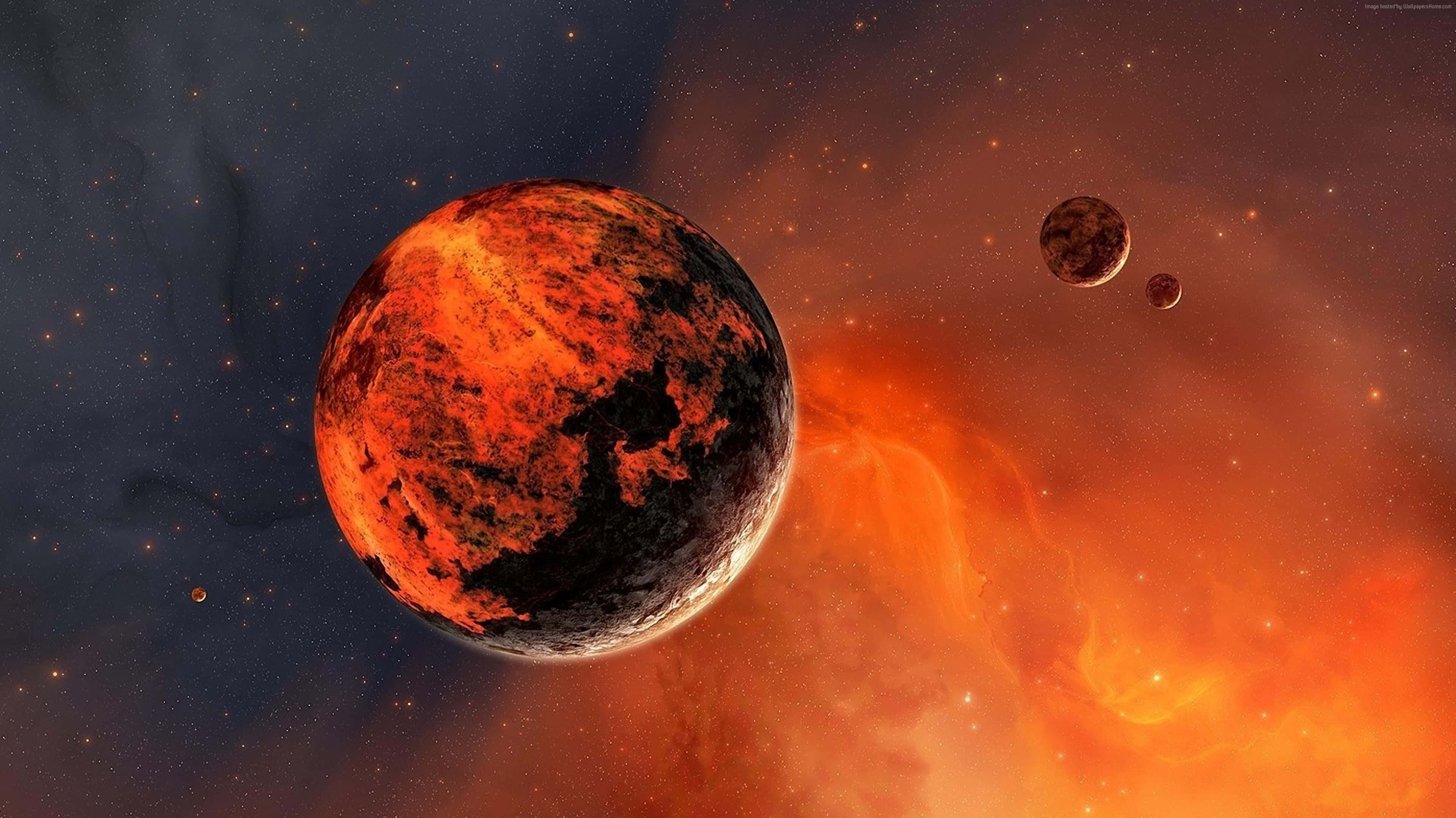 火星 桌布 壁紙 — 一顆熾熱熔化的行星主宰著宇宙場景，發光的橙色星雲和遙遠的衛星點綴在星空虛空中。