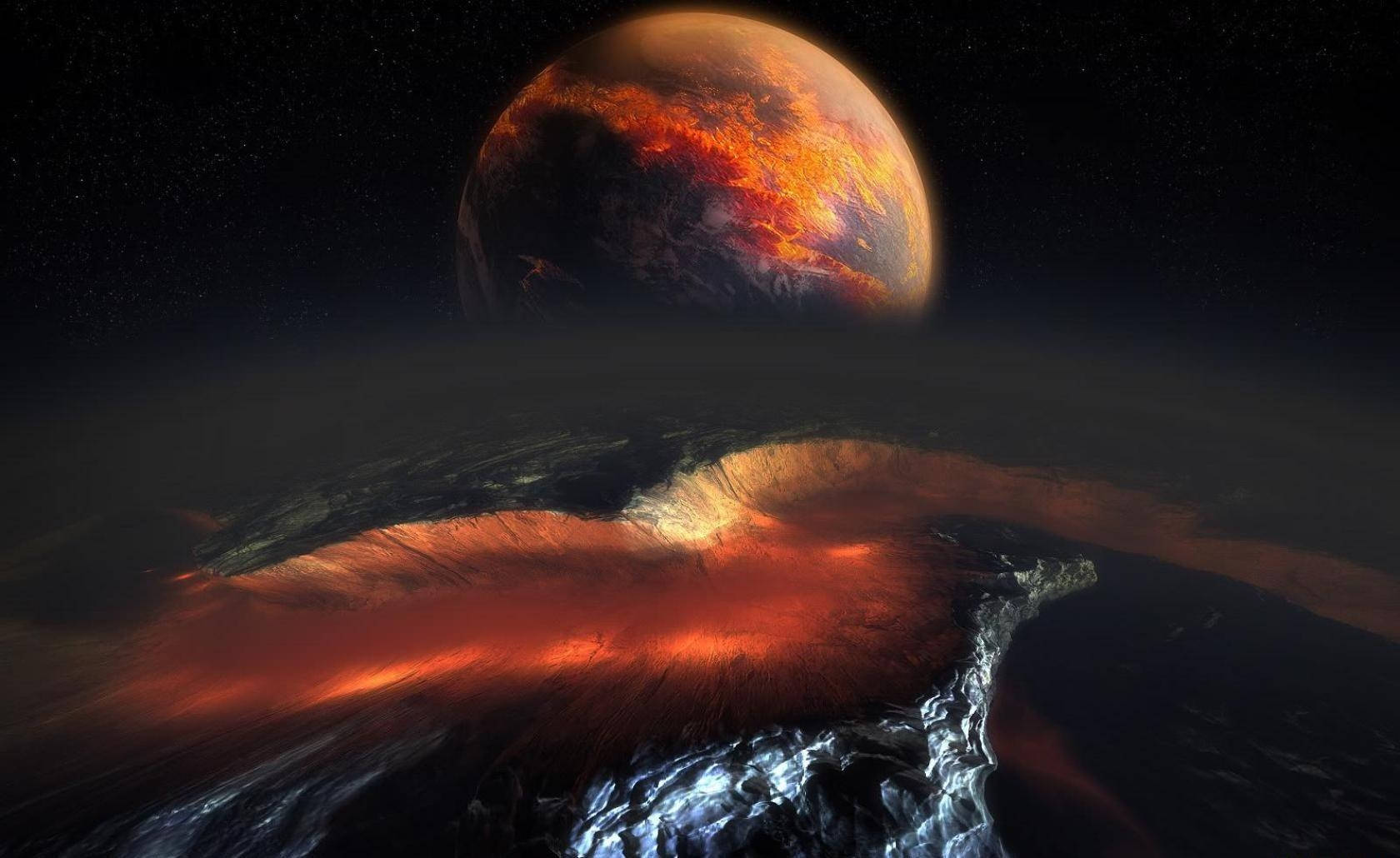 行星動畫 桌布 壁紙 — 一顆熾熱的外星行星，帶有發光的橙色熔岩河流和熔融表面，籠罩在黑暗、繁星點點的虛空之上。